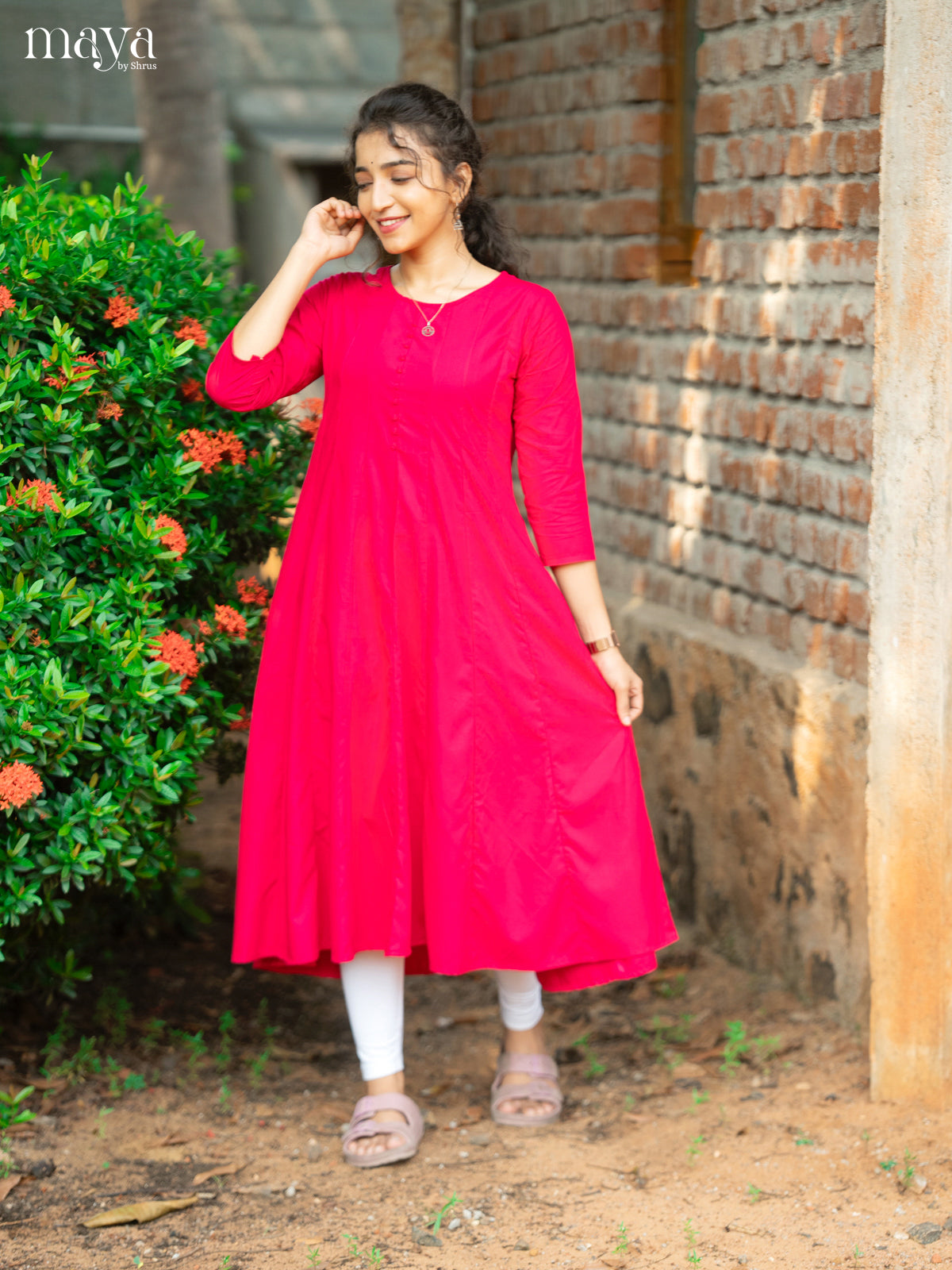 Dark Pink Solid Rayon Cotton Anarkali Kurti - Shop on Shrus.com