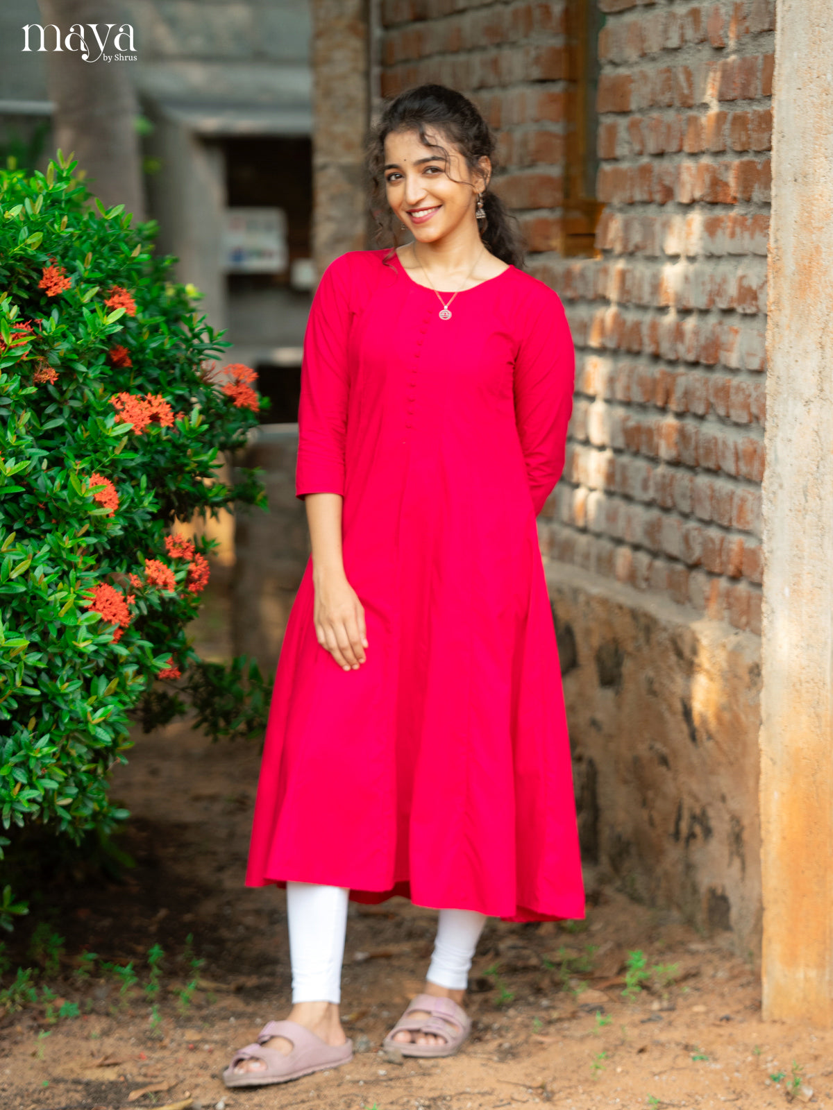 Dark Pink Solid Rayon Cotton Anarkali Kurti - Shop on Shrus.com