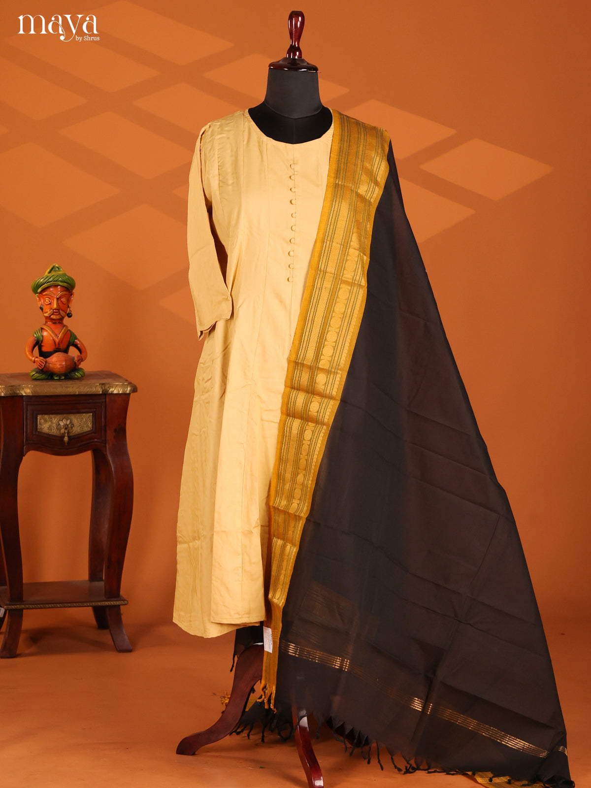 Black Chettinad Cotton Dupatta with mustard zari border - Shop on Shrus.com