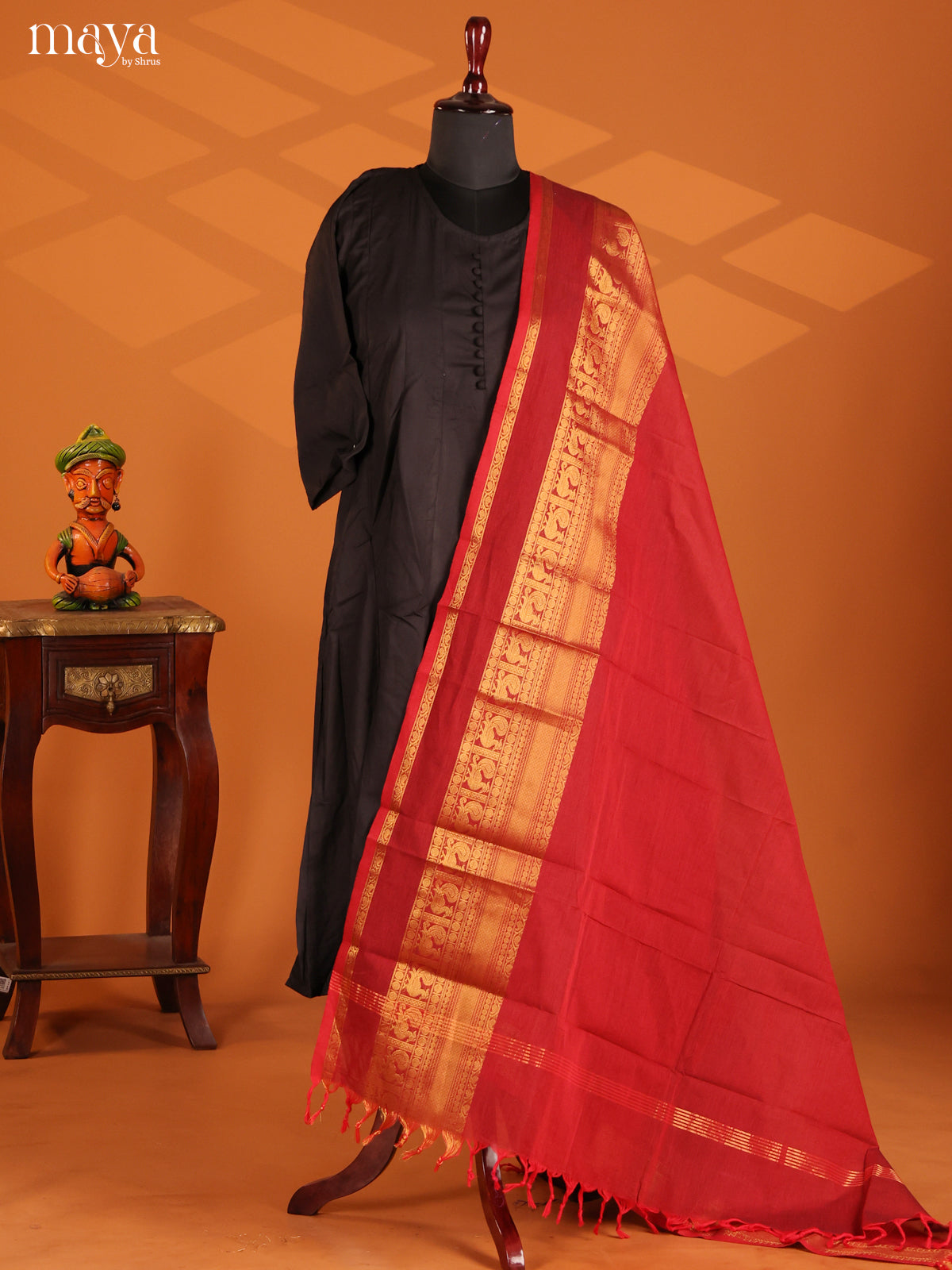 Red Chettinad Cotton Dupatta with zari border - Shop on Shrus.com
