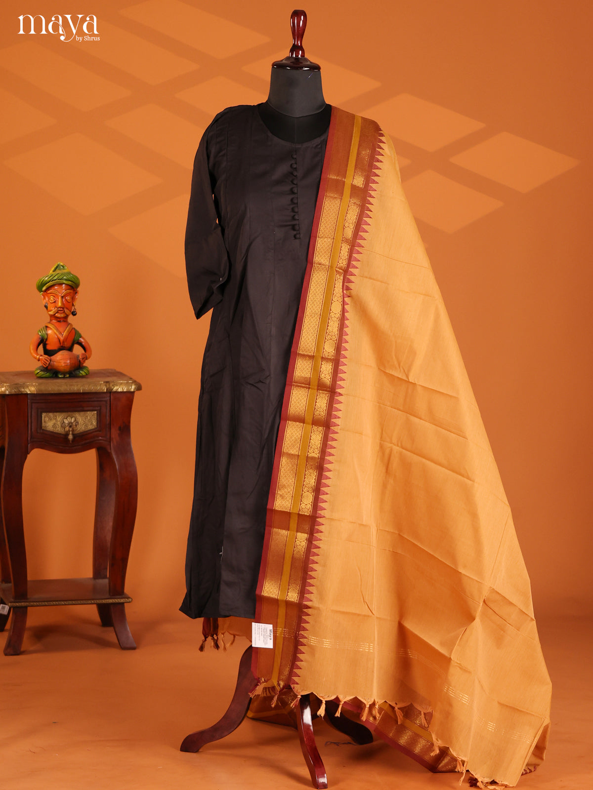 Beige Chettinad Cotton Dupatta with Maroon Zari Border - Shop on Shrus.com