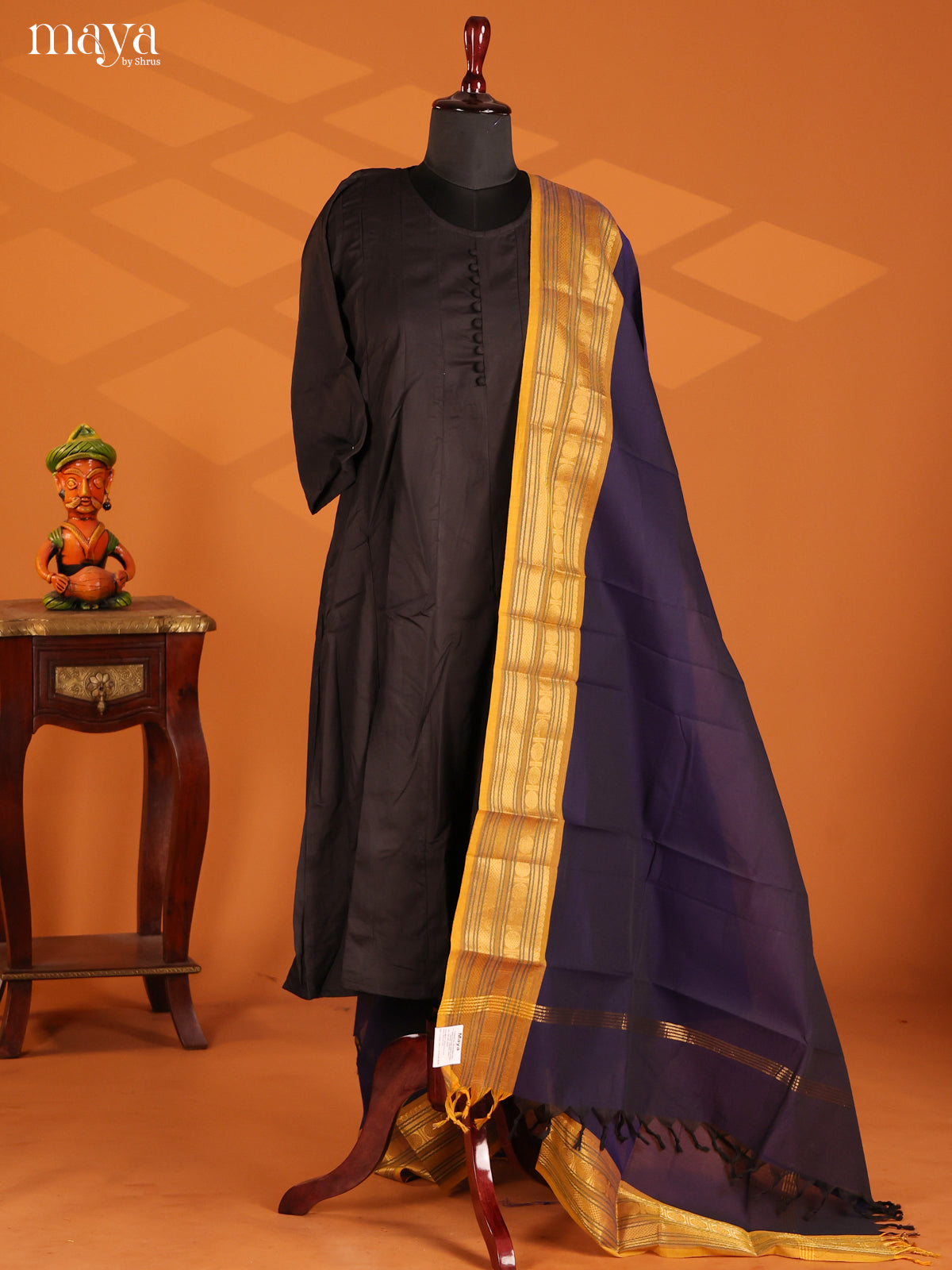 Blue Chettinad Cotton Dupatta with Mustard contrast zari border - Shop on Shrus.com