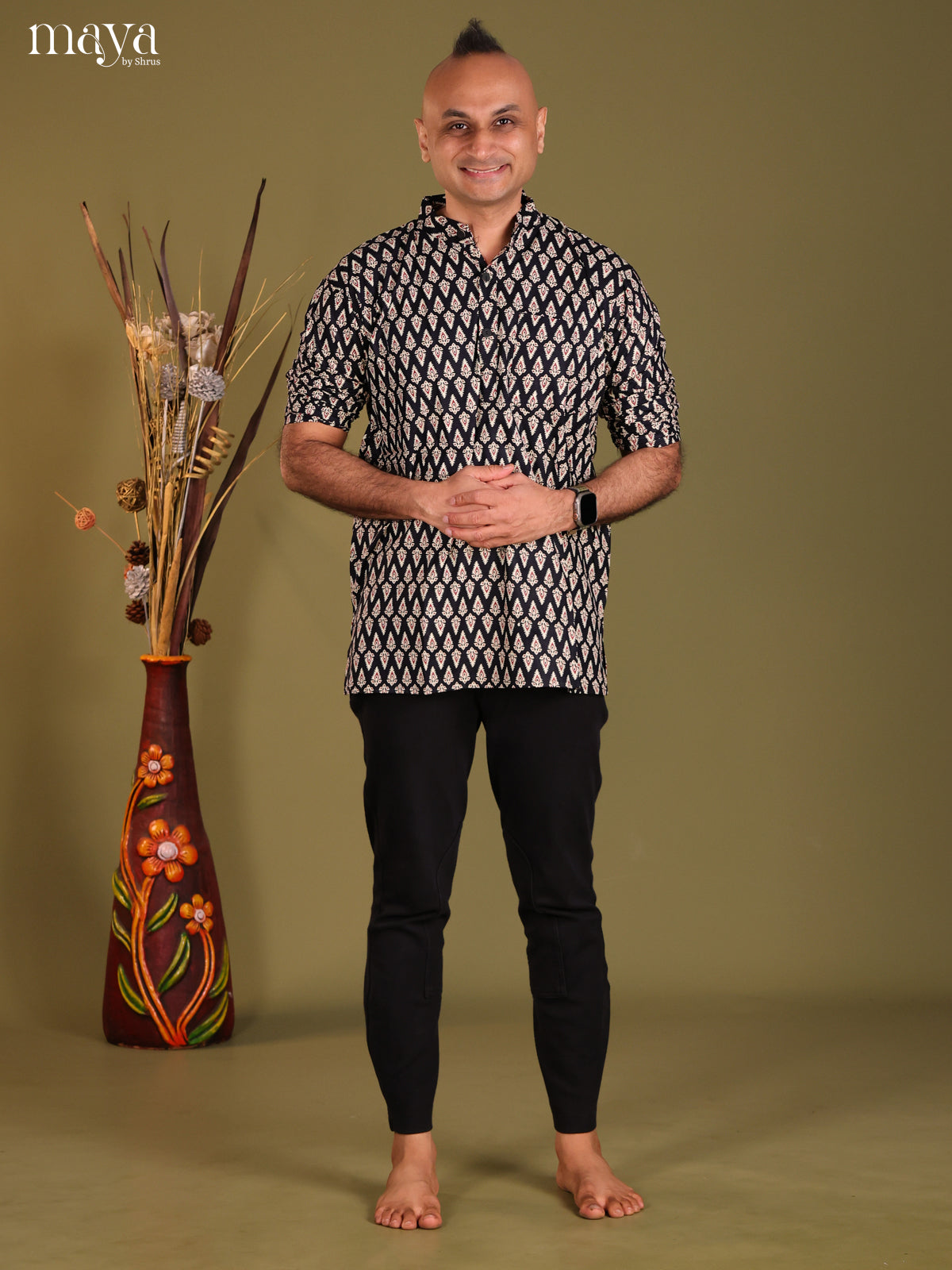 Black Cotton printed Short Men Kurta - Shop on Shrus.com