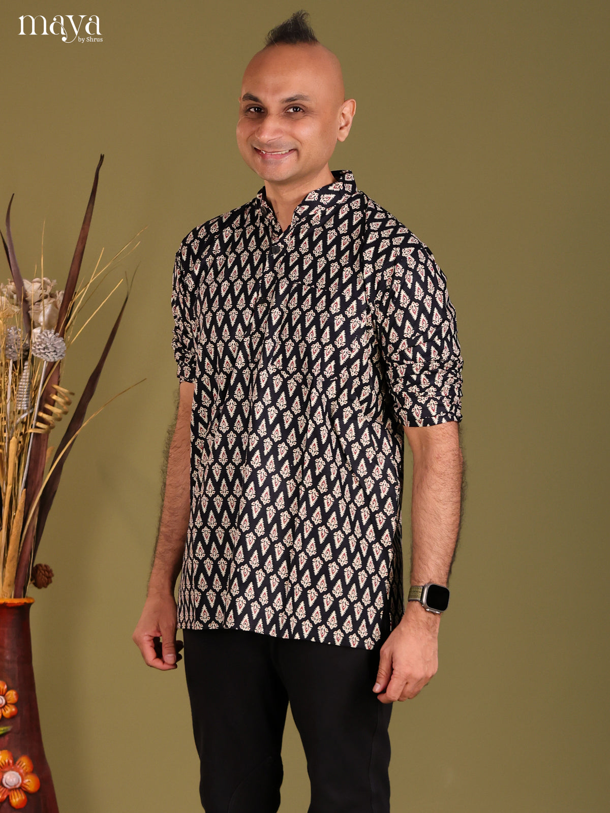 Black Cotton printed Short Men Kurta - Shop on Shrus.com