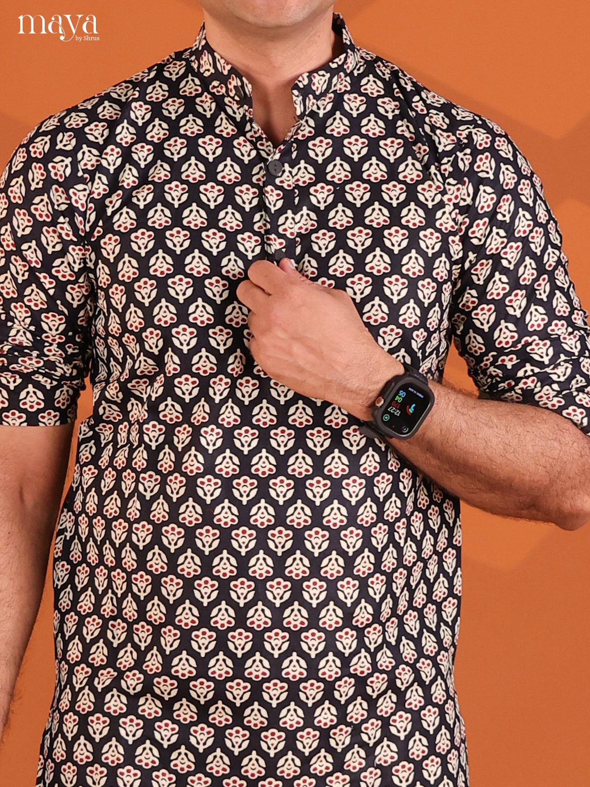 Black Cotton Floral Printed Short Men Kurta - Shop on Shrus.com