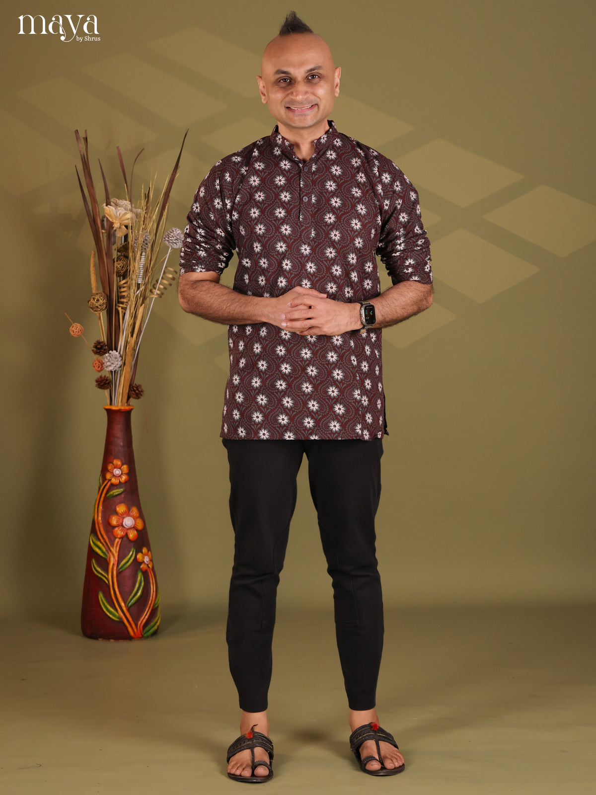 Brown Cotton Elephant Printed Short Men Kurta - Shop on Shrus.com