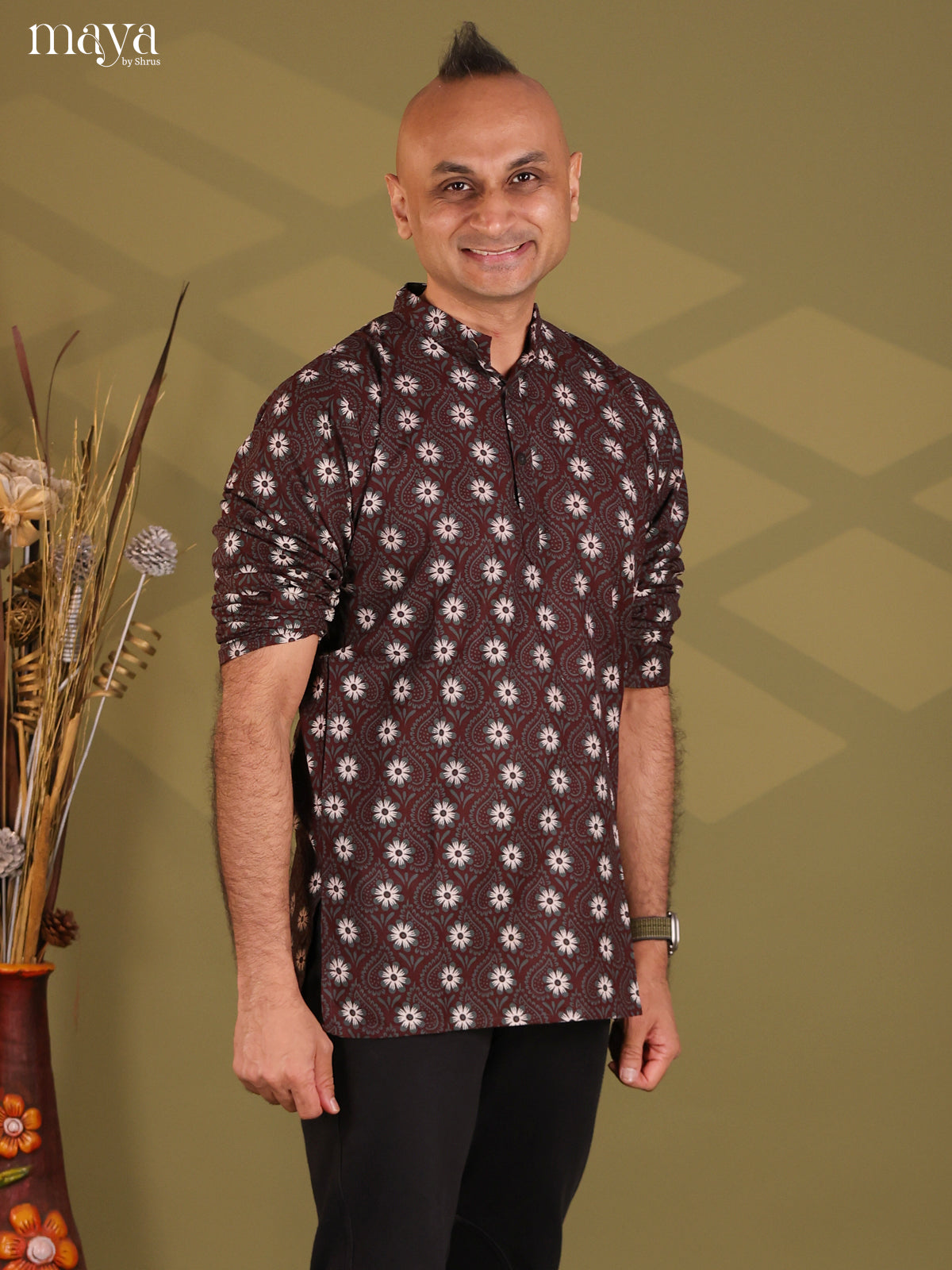 Brown Cotton Elephant Printed Short Men Kurta - Shop on Shrus.com