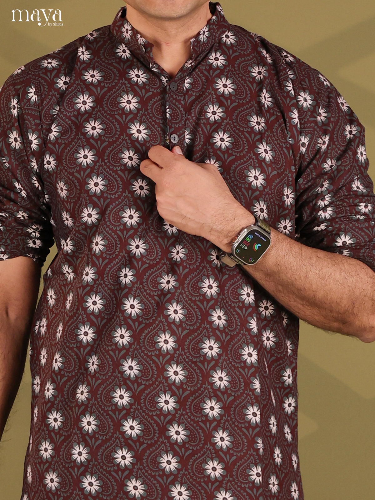 Brown Cotton Elephant Printed Short Men Kurta - Shop on Shrus.com