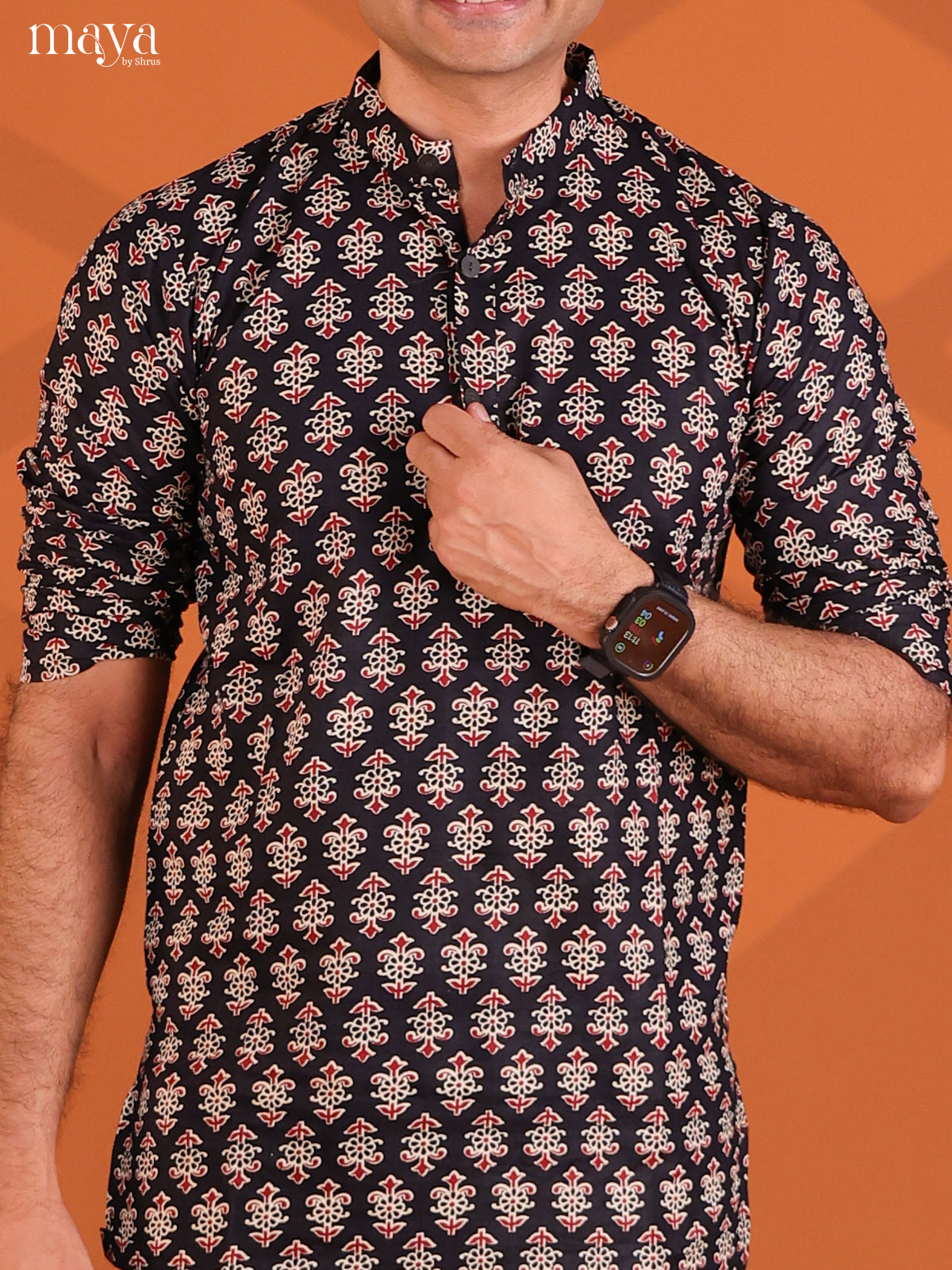 Black Cotton Floral Printed Short Men Kurta - Shop on Shrus.com