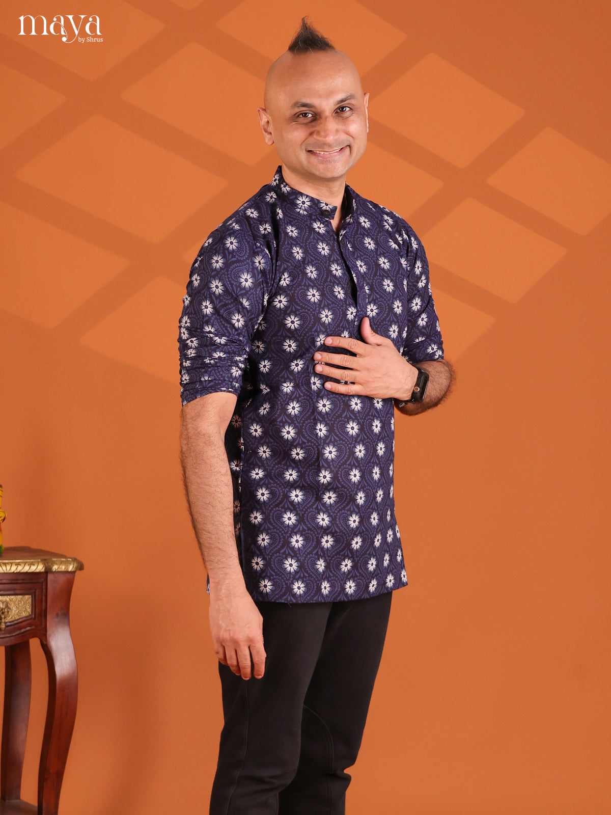 Black with Peacock Cotton Printed Short Men Kurta - Shop on Shrus.com