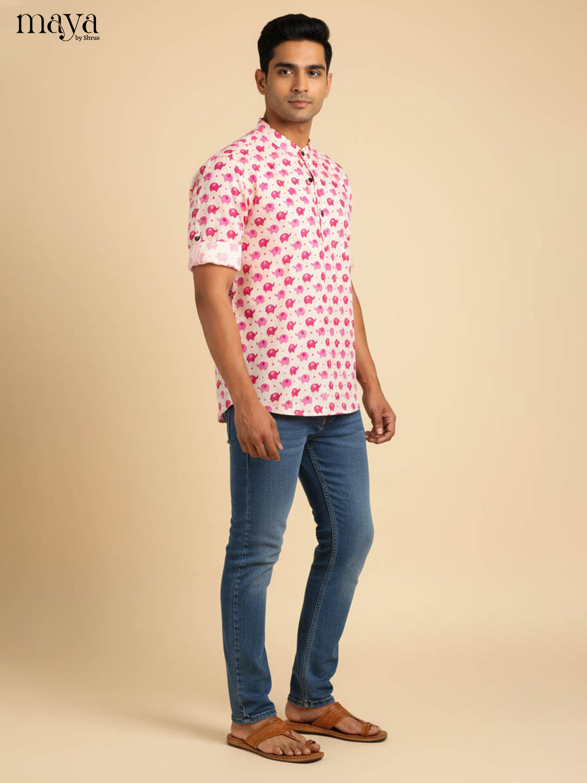 White with Pink - Readymade Short Mens Kurta - Shop on Shrus.com