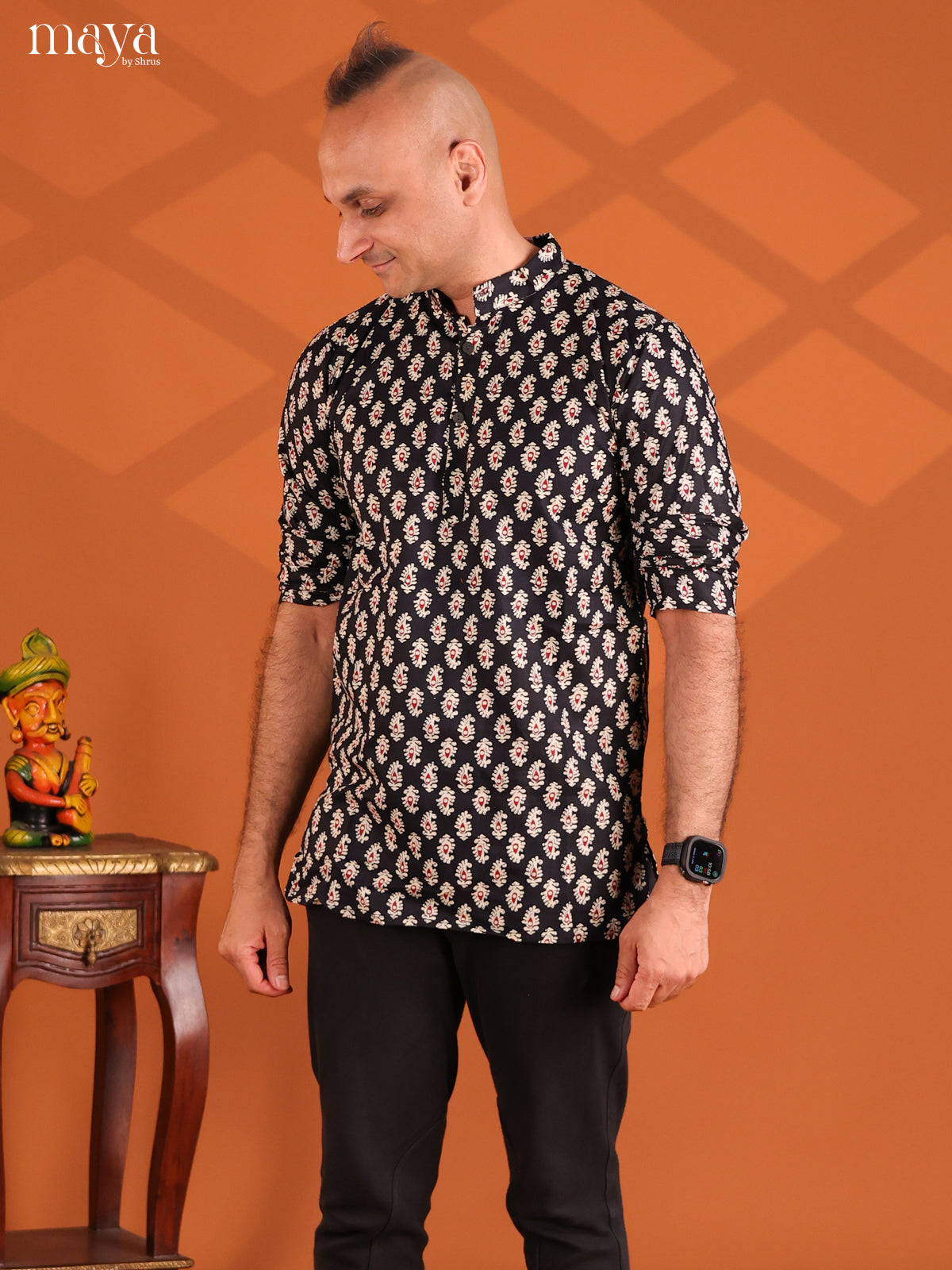 Black Cotton Pasiley Printed Short Men Kurta - Shop on Shrus.com