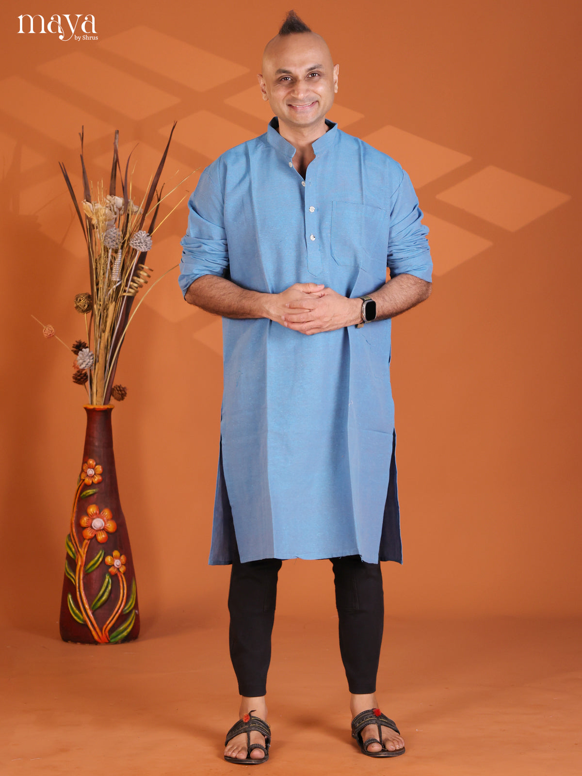 Peacock Blue Cotton Plain Long Kurta - Shop on Shrus.com