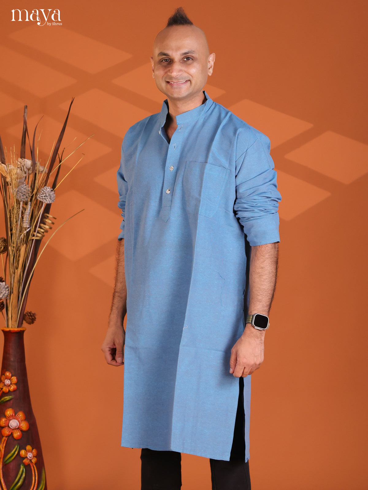 Peacock Blue Cotton Plain Long Kurta - Shop on Shrus.com