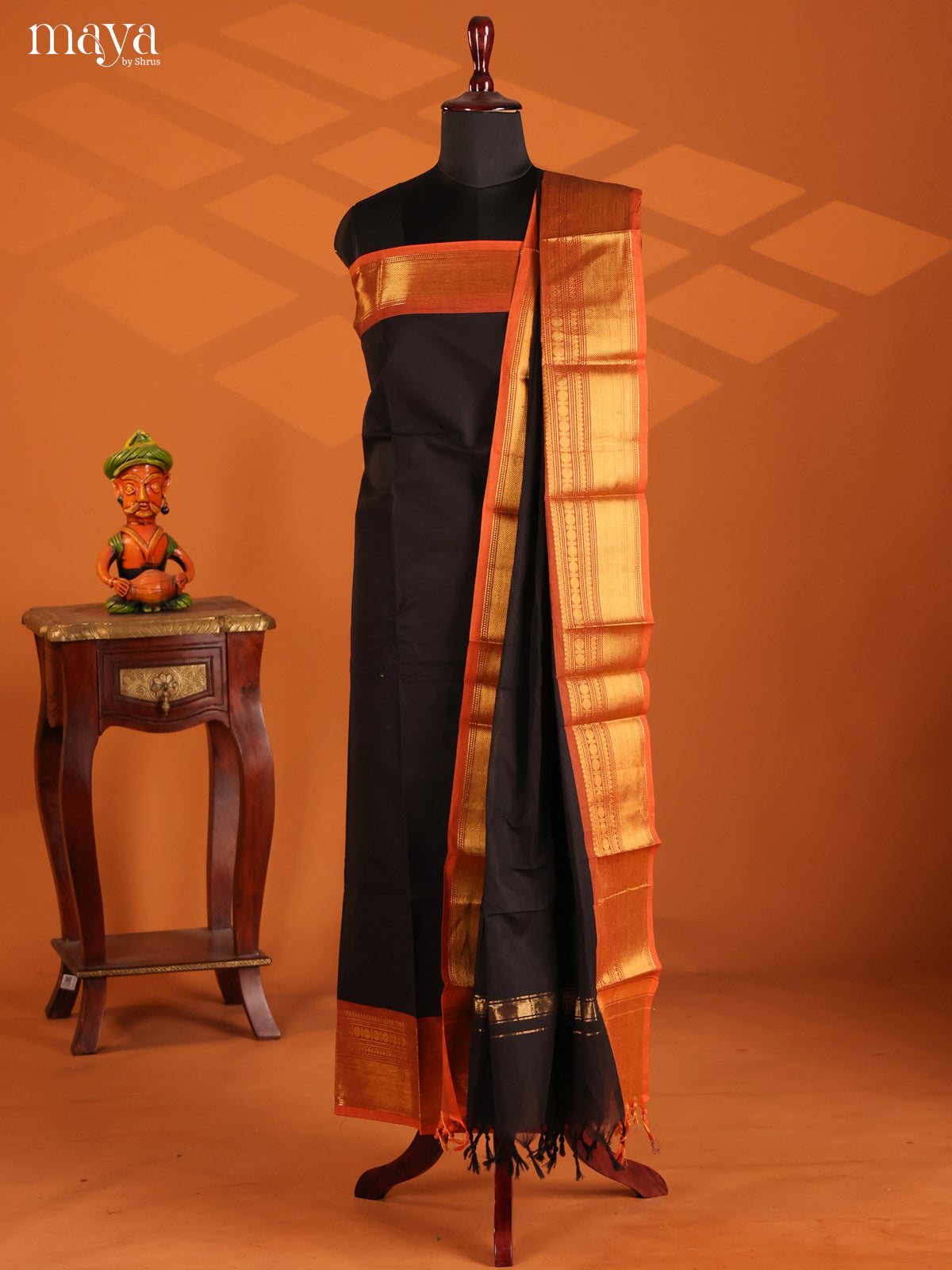 Black & Orange - chettinad top & dupatta combo - Shop on Shrus.com