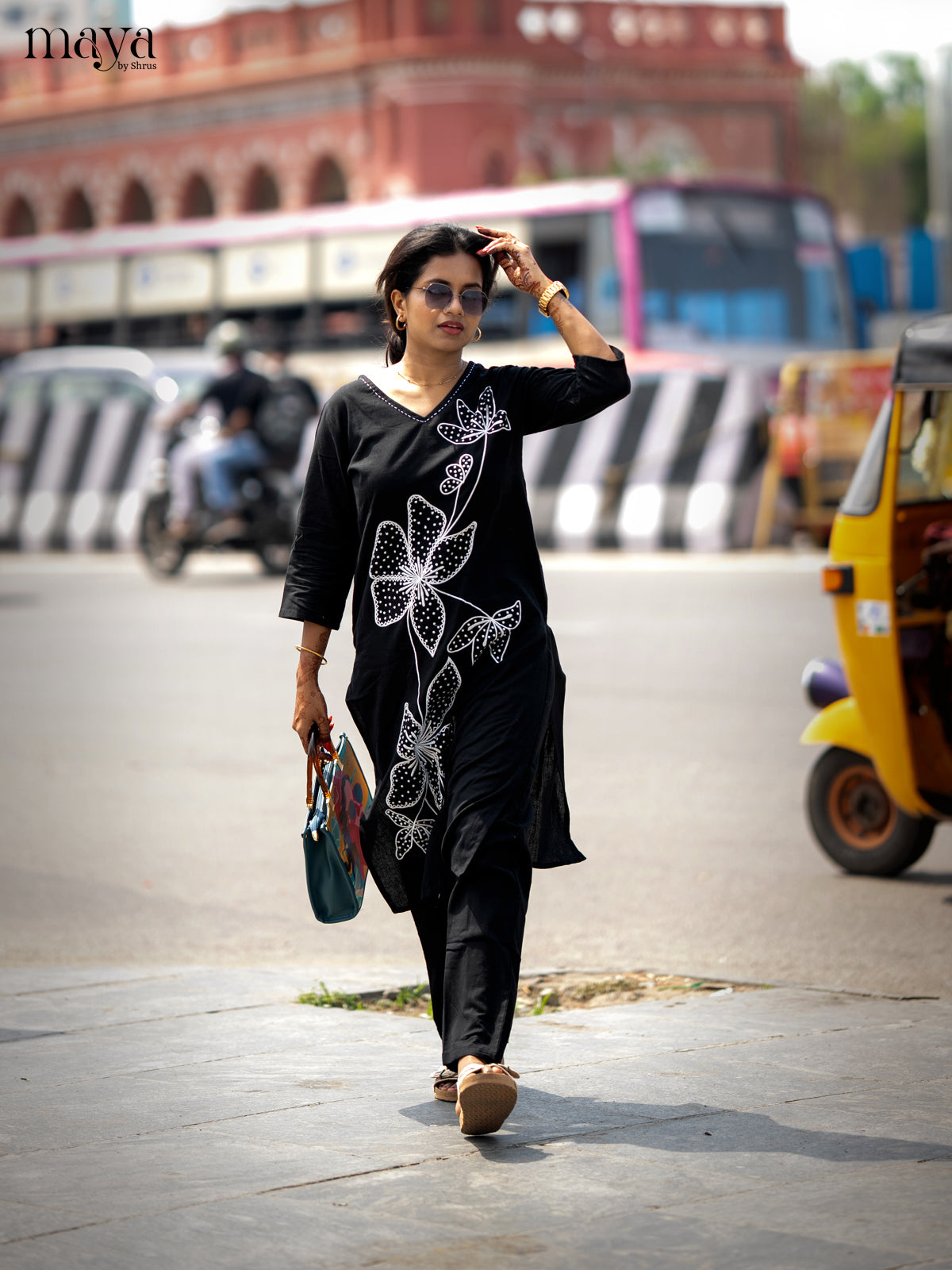 Black Cotton 2pc Floral Embroidered Salwar Suit - Top & Bottom - Shop on Shrus.com