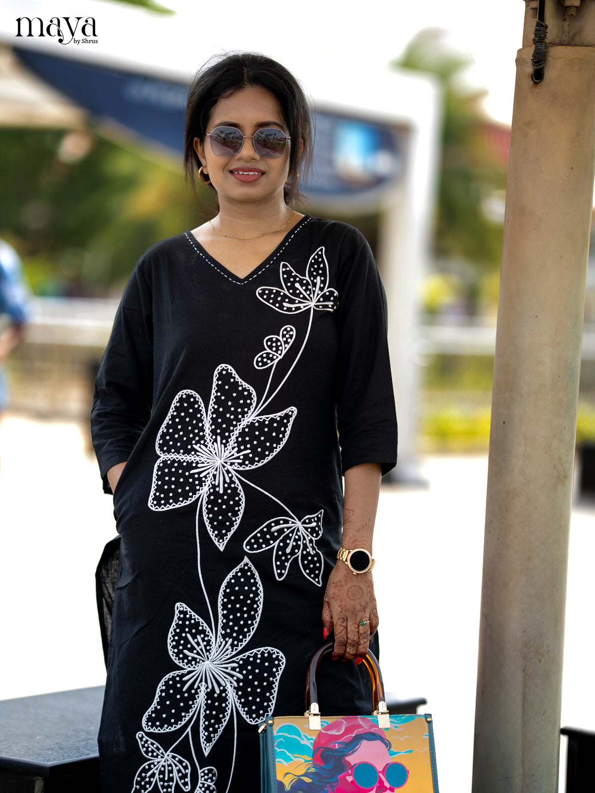 Black Cotton 2pc Floral Embroidered Salwar Suit - Top & Bottom - Shop on Shrus.com