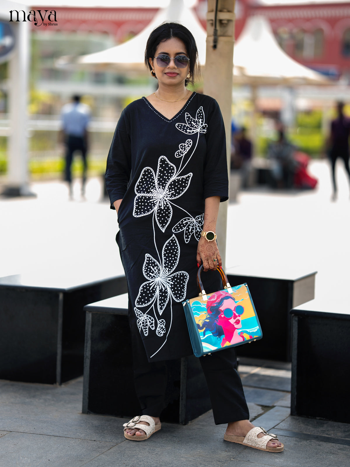 Black Cotton 2pc Floral Embroidered Salwar Suit - Top & Bottom - Shop on Shrus.com