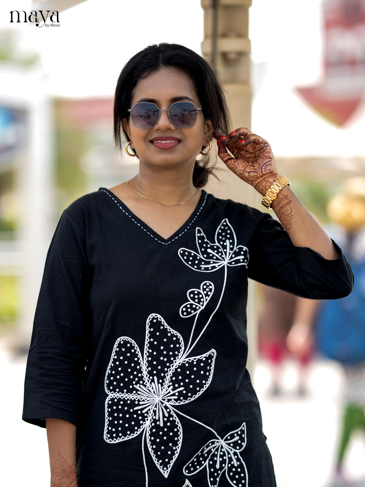 Black Cotton 2pc Floral Embroidered Salwar Suit - Top & Bottom - Shop on Shrus.com