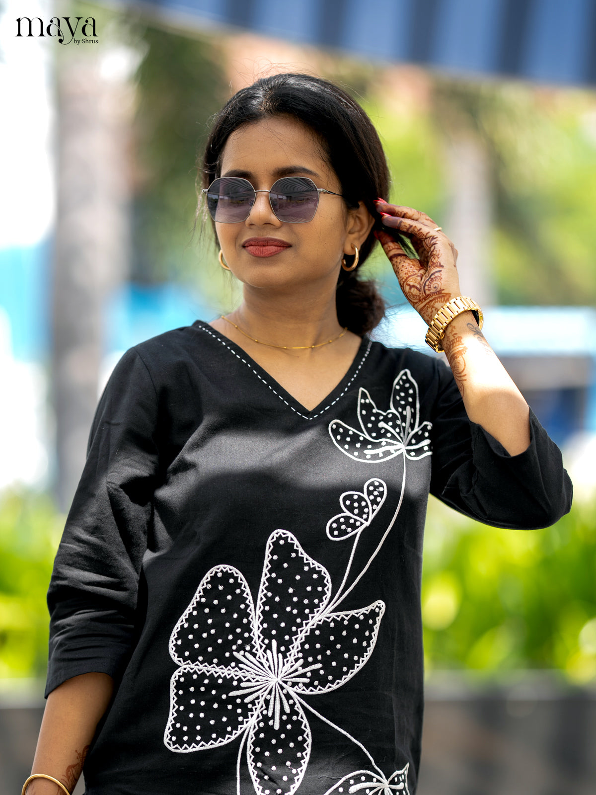 Black Cotton 2pc Floral Embroidered Salwar Suit - Top & Bottom - Shop on Shrus.com