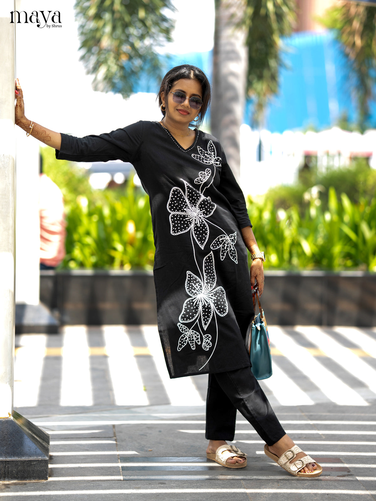 Black Cotton 2pc Floral Embroidered Salwar Suit - Top & Bottom - Shop on Shrus.com