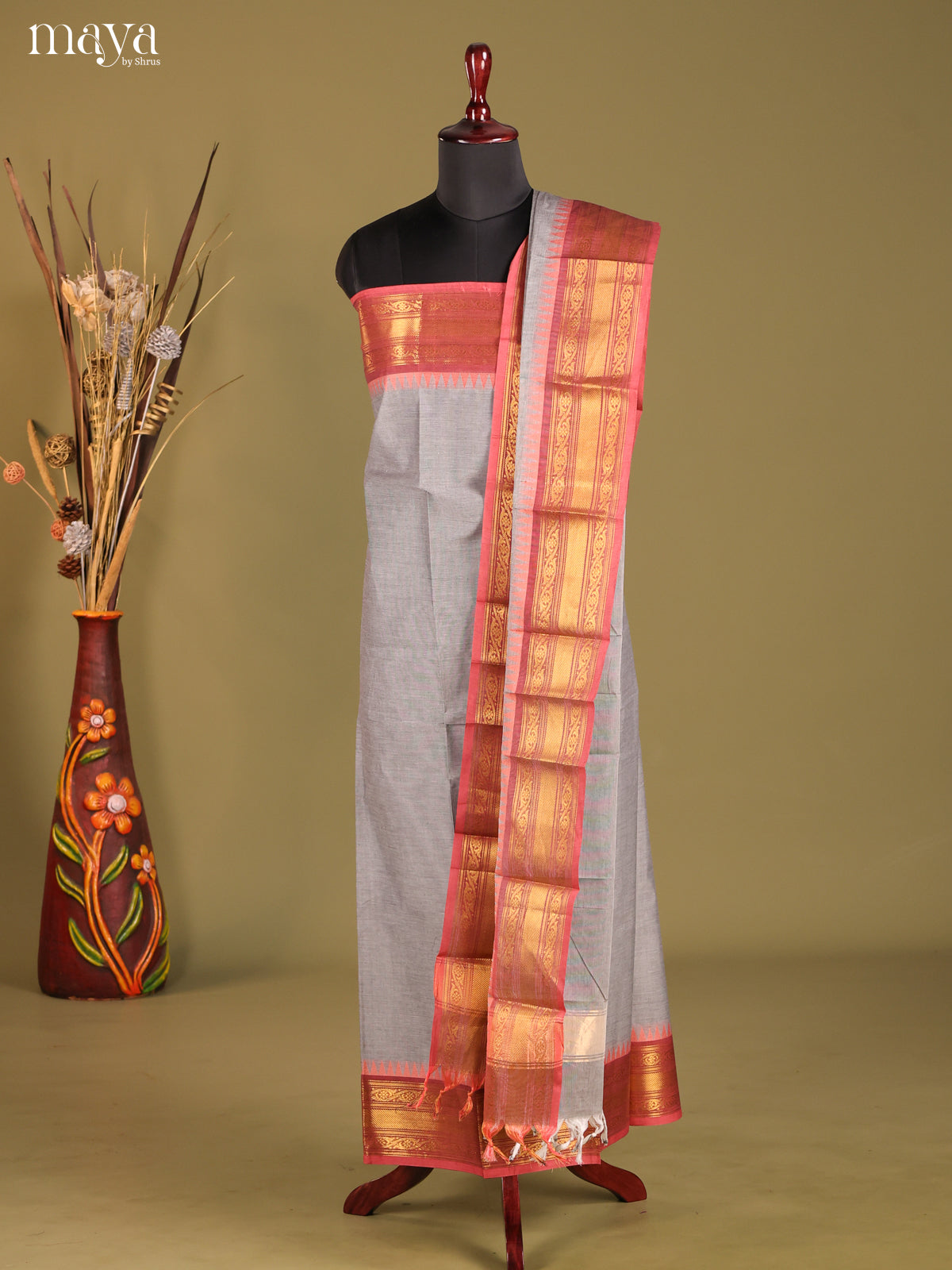 Grey & Red- chettinad top & dupatta combo