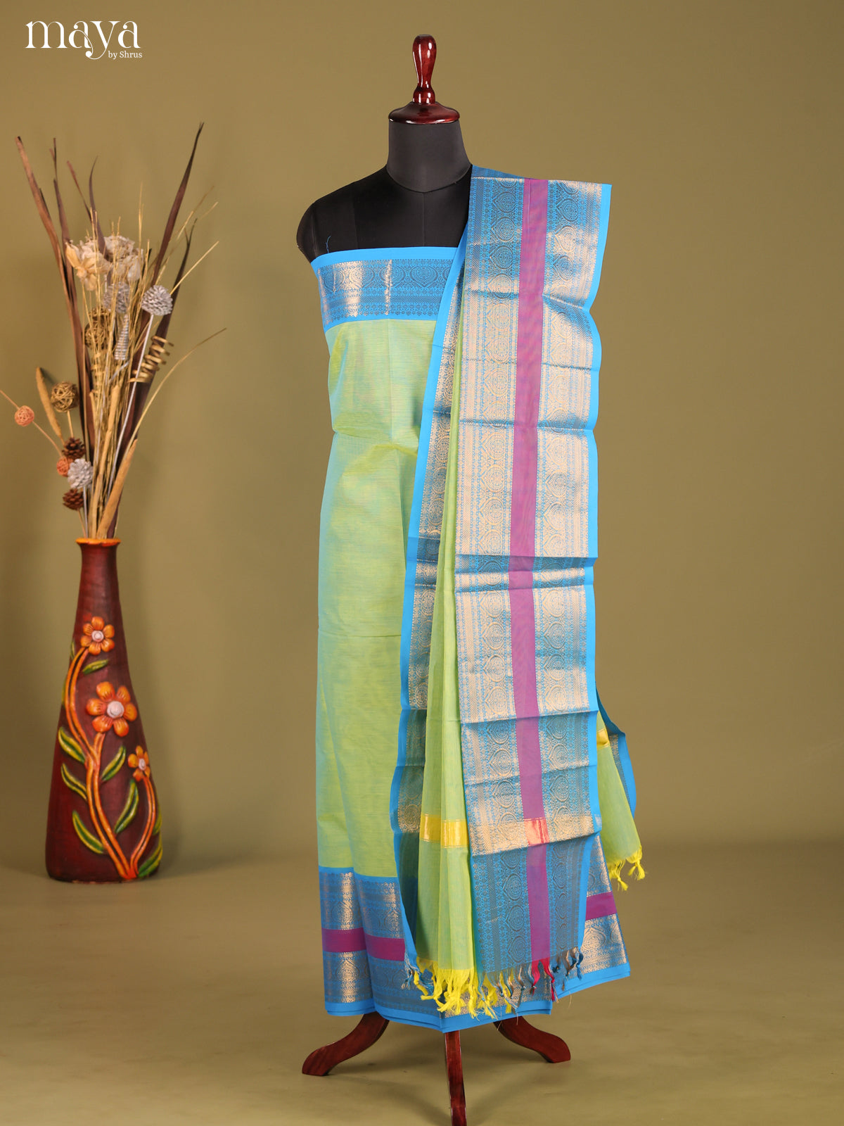 Pista Green & Blue - chettinad top & dupatta combo
