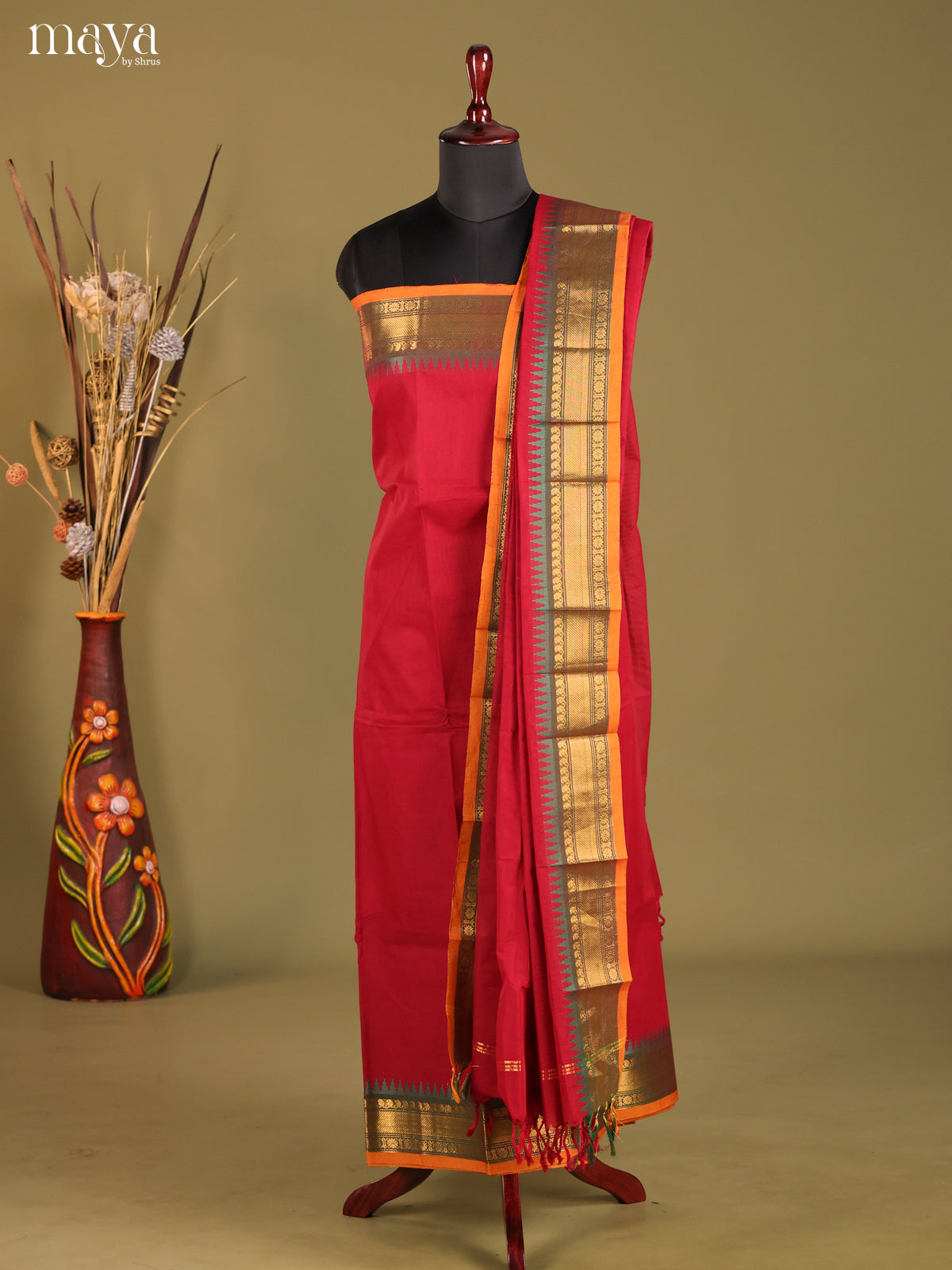 Red & Mustard- chettinad top & dupatta combo