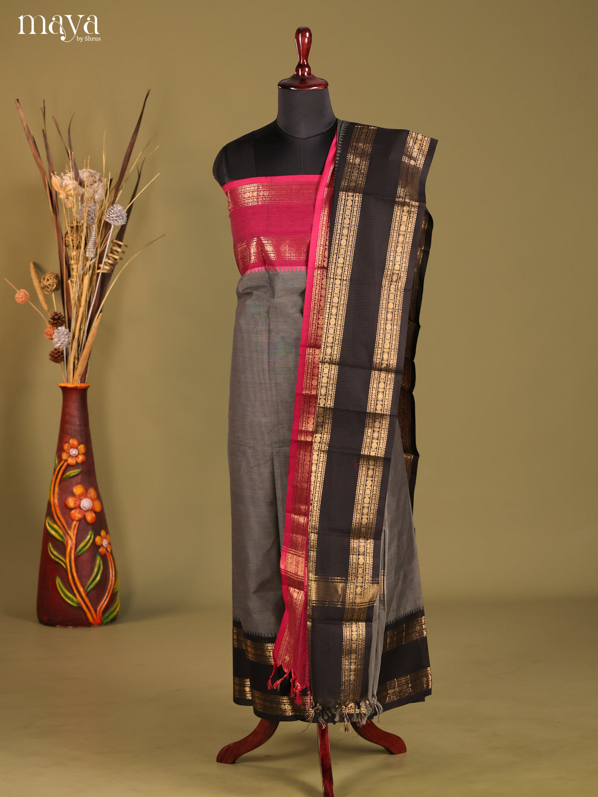 Grey & Black - chettinad top & dupatta combo