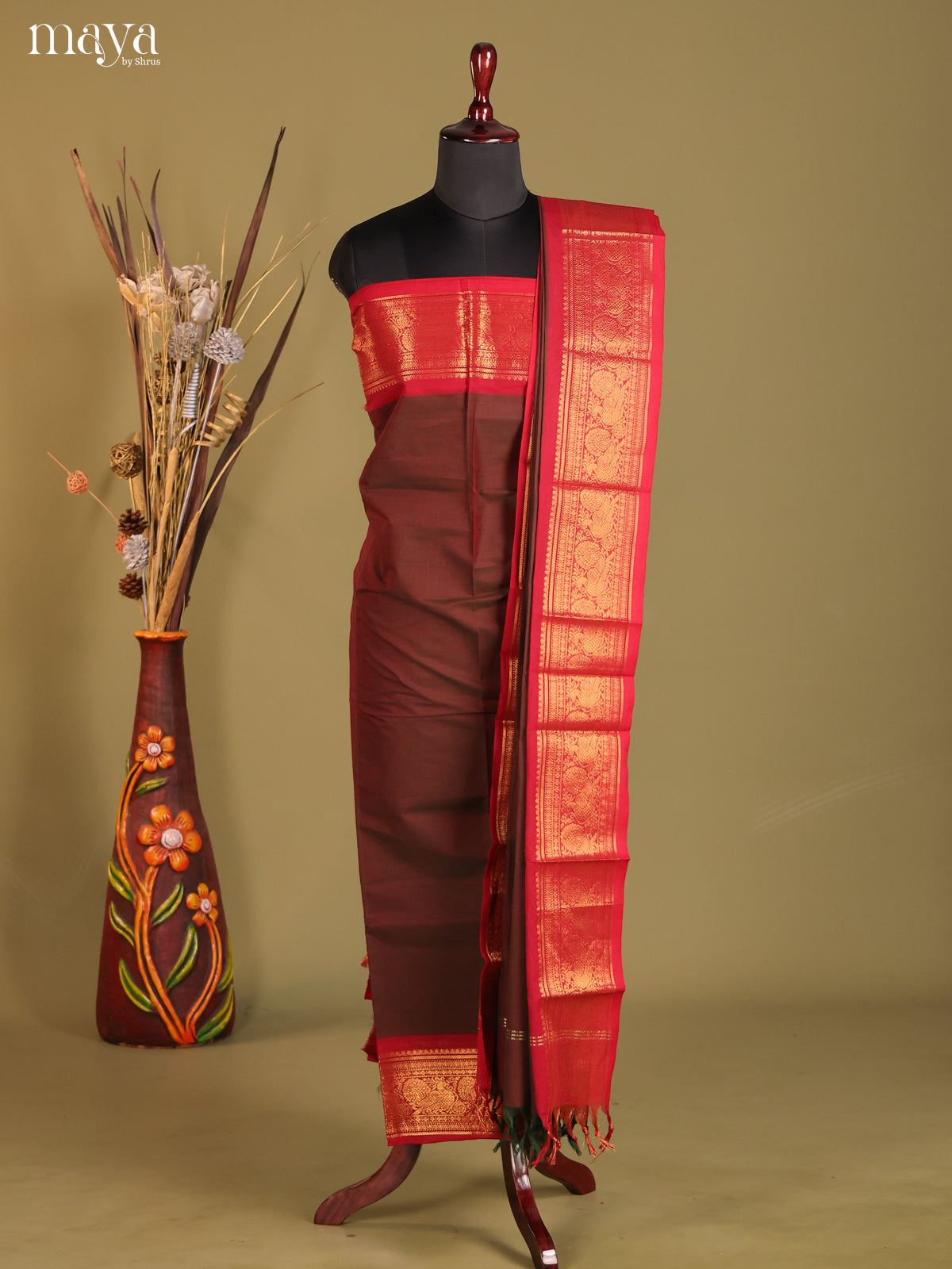 Brown & Red- chettinad top & dupatta combo