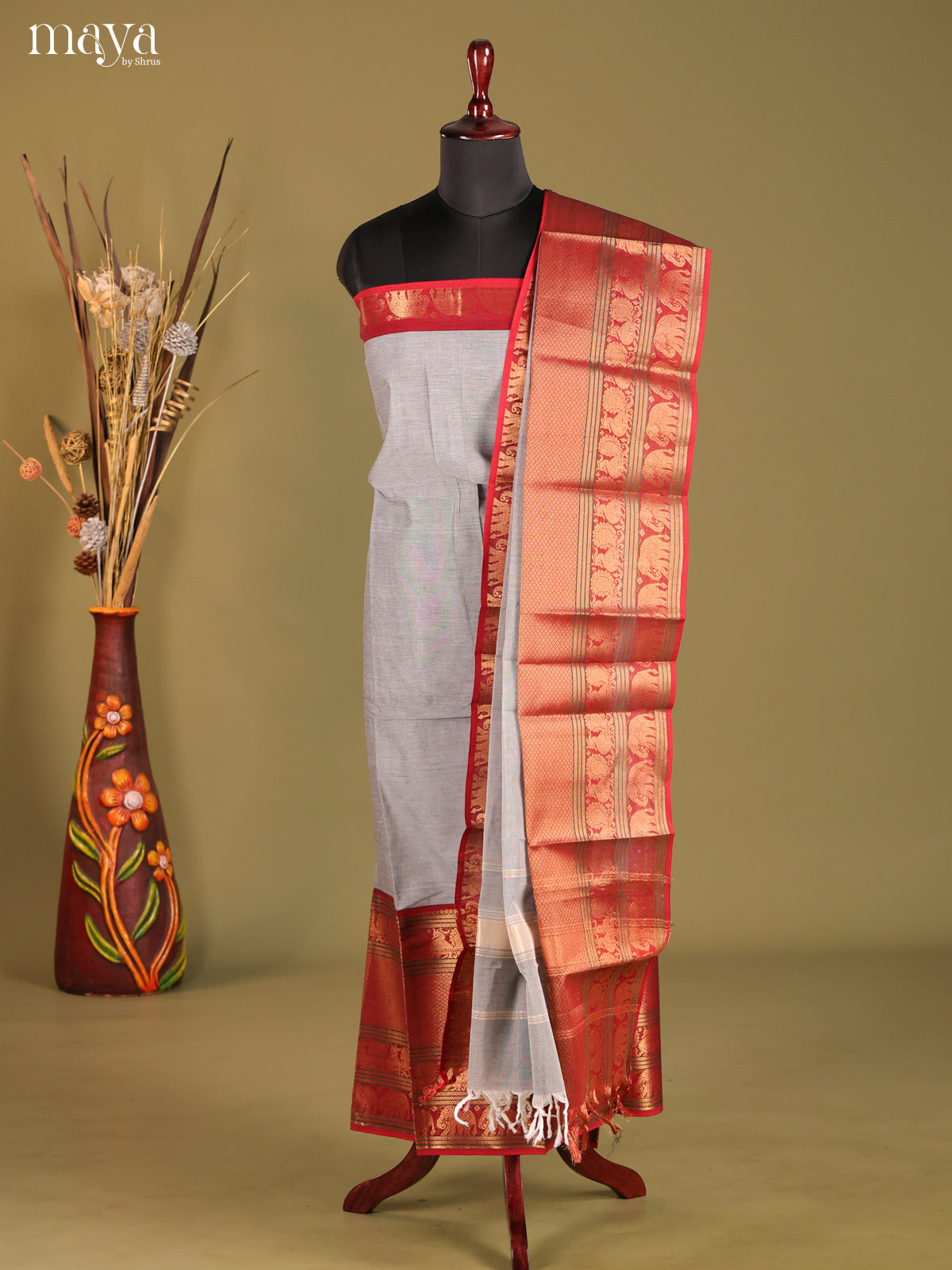 Grey & Red - chettinad top & dupatta combo