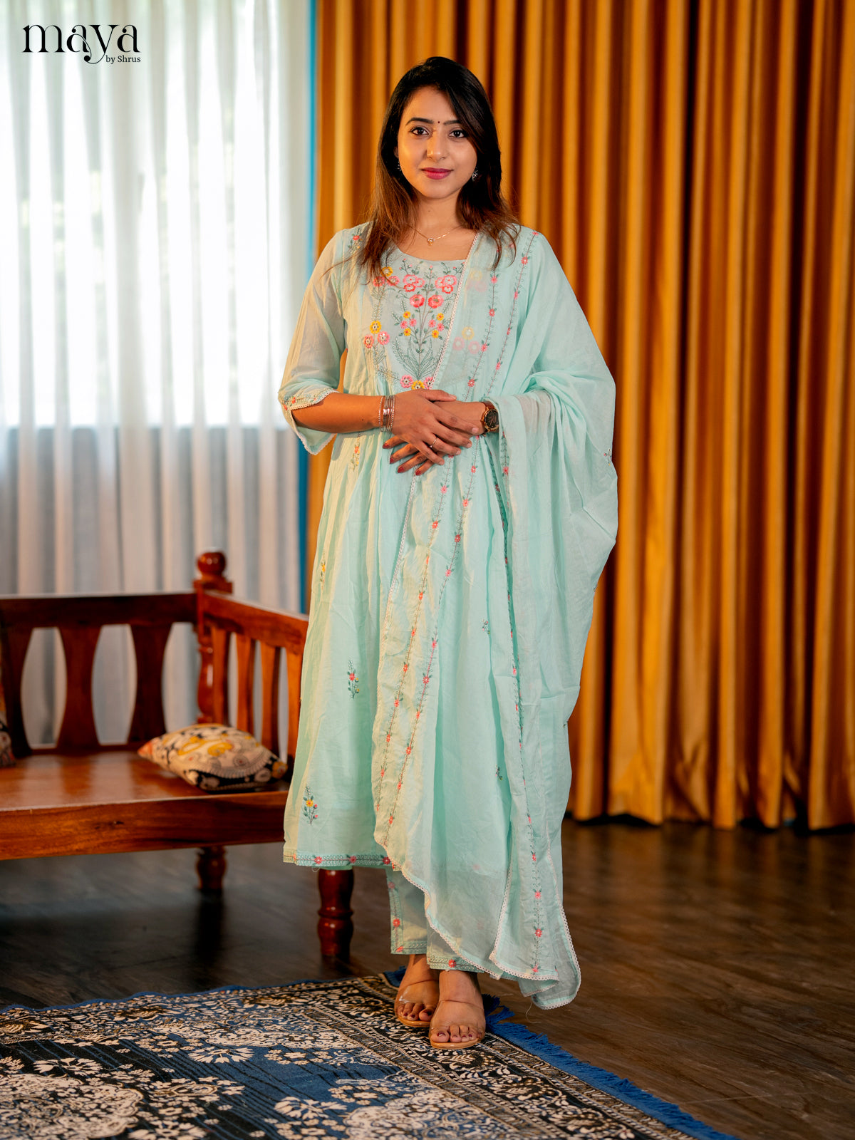 Teal - Floral Embroidery Readymade 3-piece