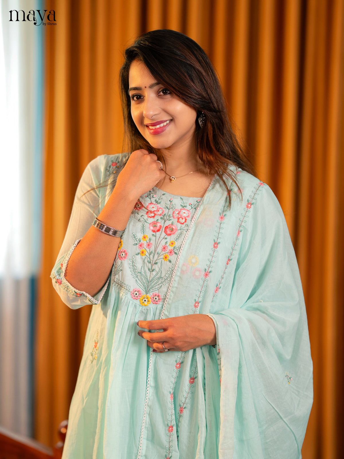 Teal - Floral Embroidery Readymade 3-piece