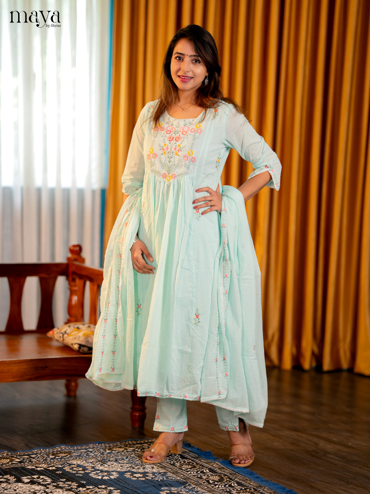 Teal - Floral Embroidery Readymade 3-piece