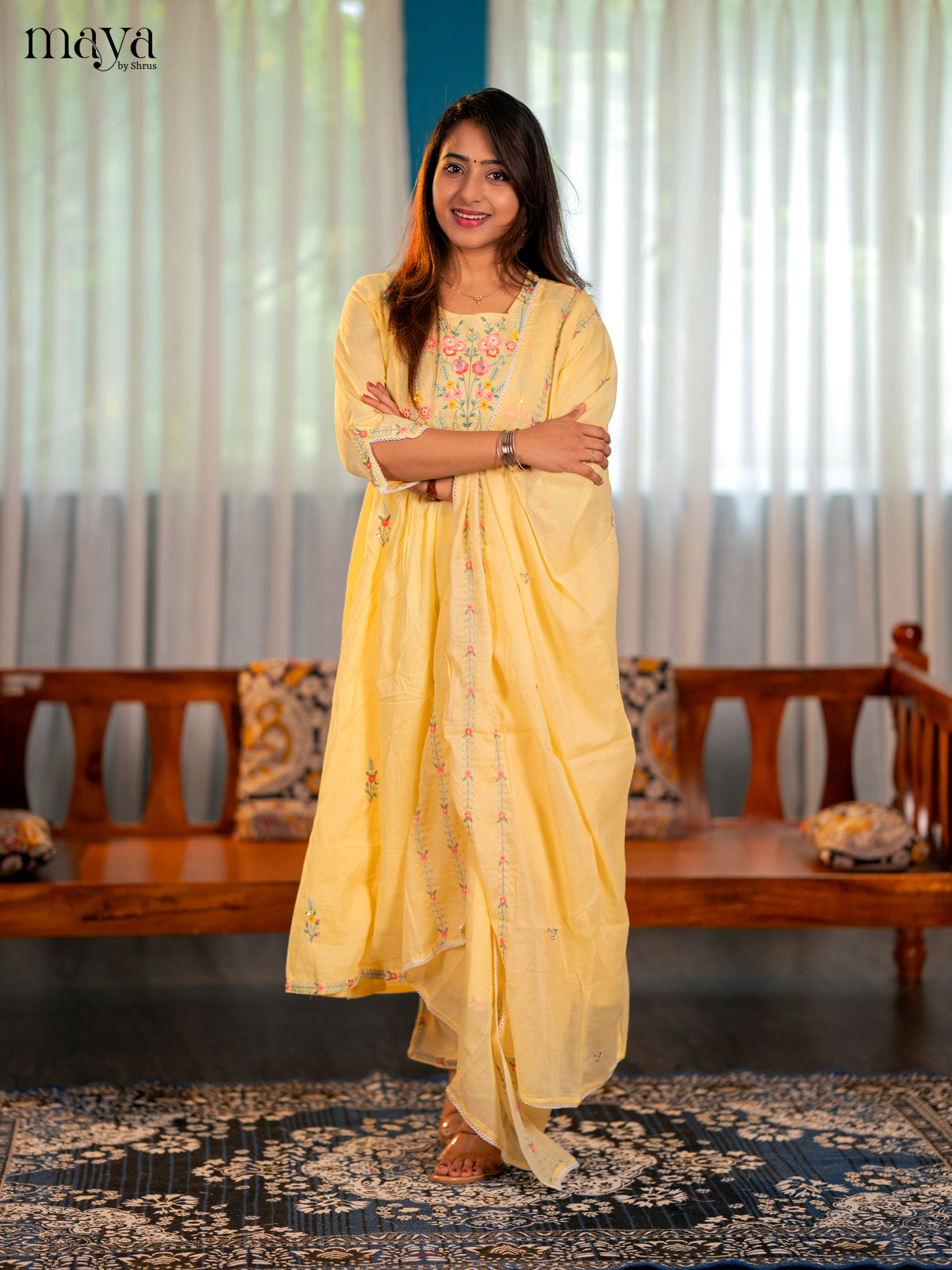 Yellow - Floral embroidery Readymade 3-pieace Salwar