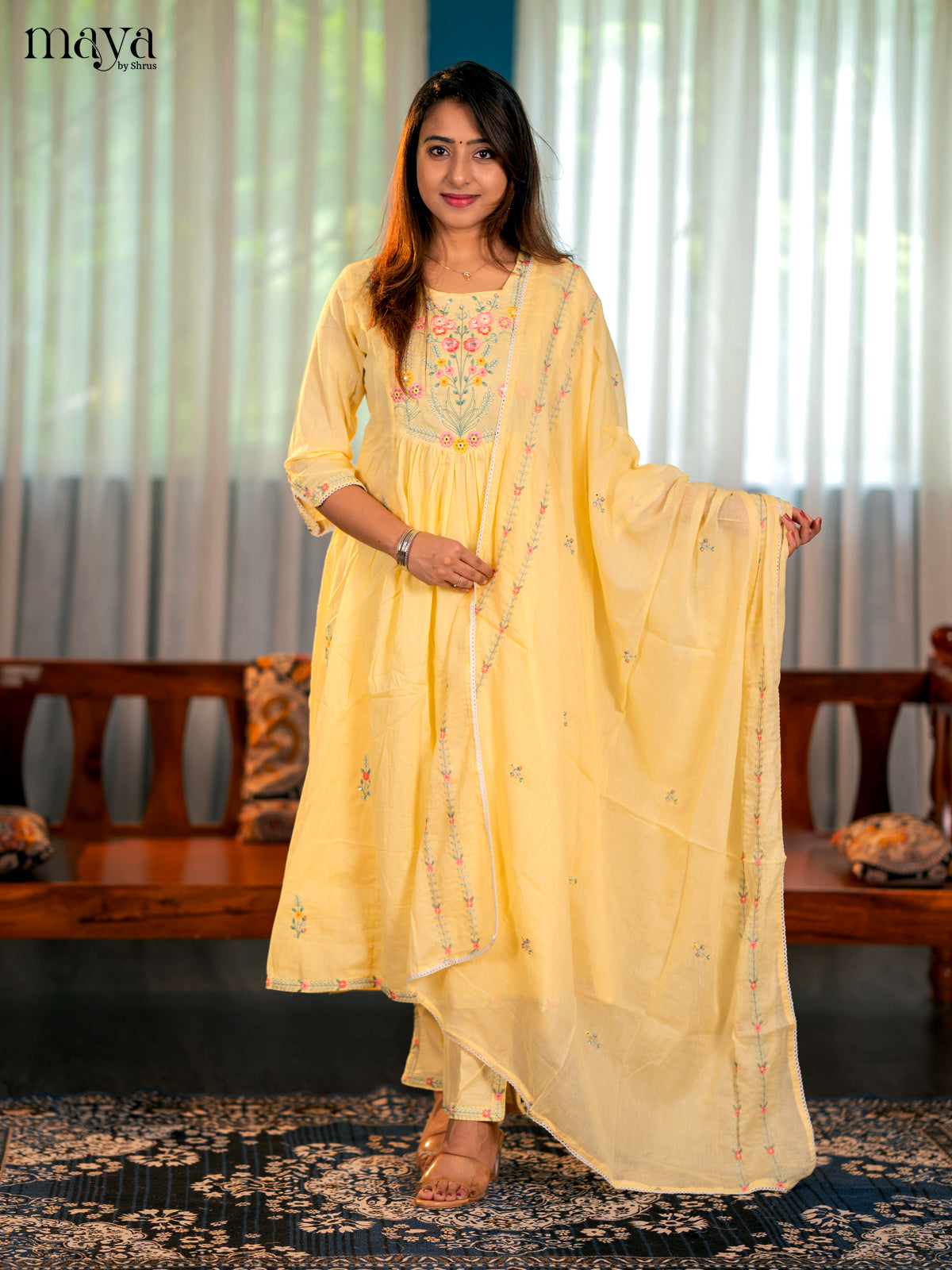 Yellow - Floral embroidery Readymade 3-pieace Salwar
