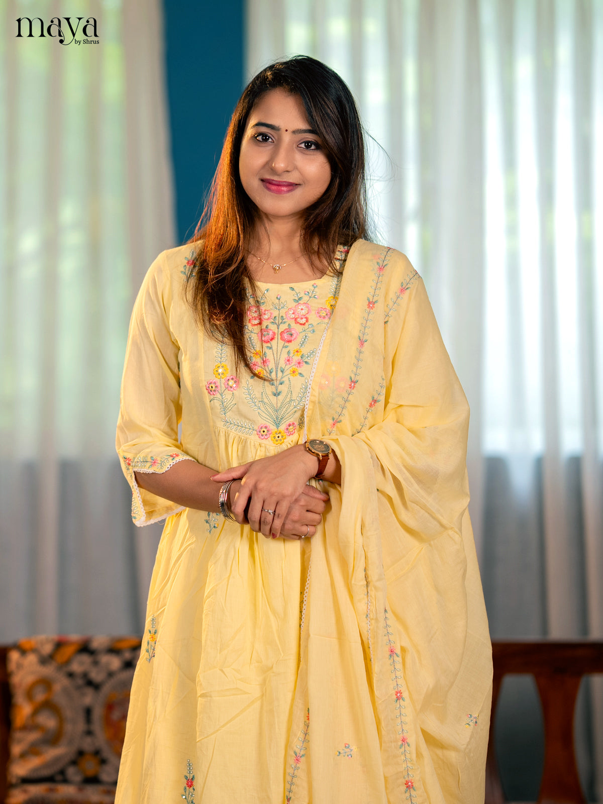 Yellow - Floral embroidery Readymade 3-pieace Salwar