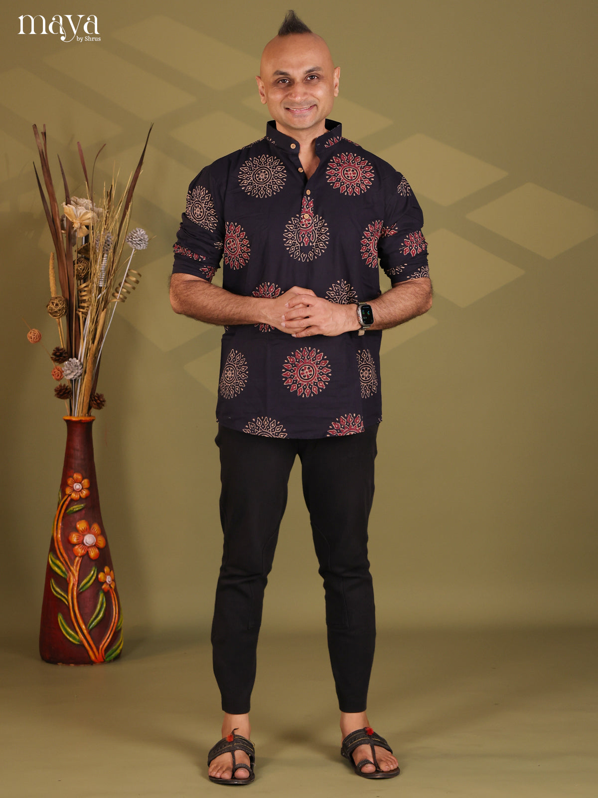 Navy Blue Cotton Ajrakh Printed Short Men Kurta