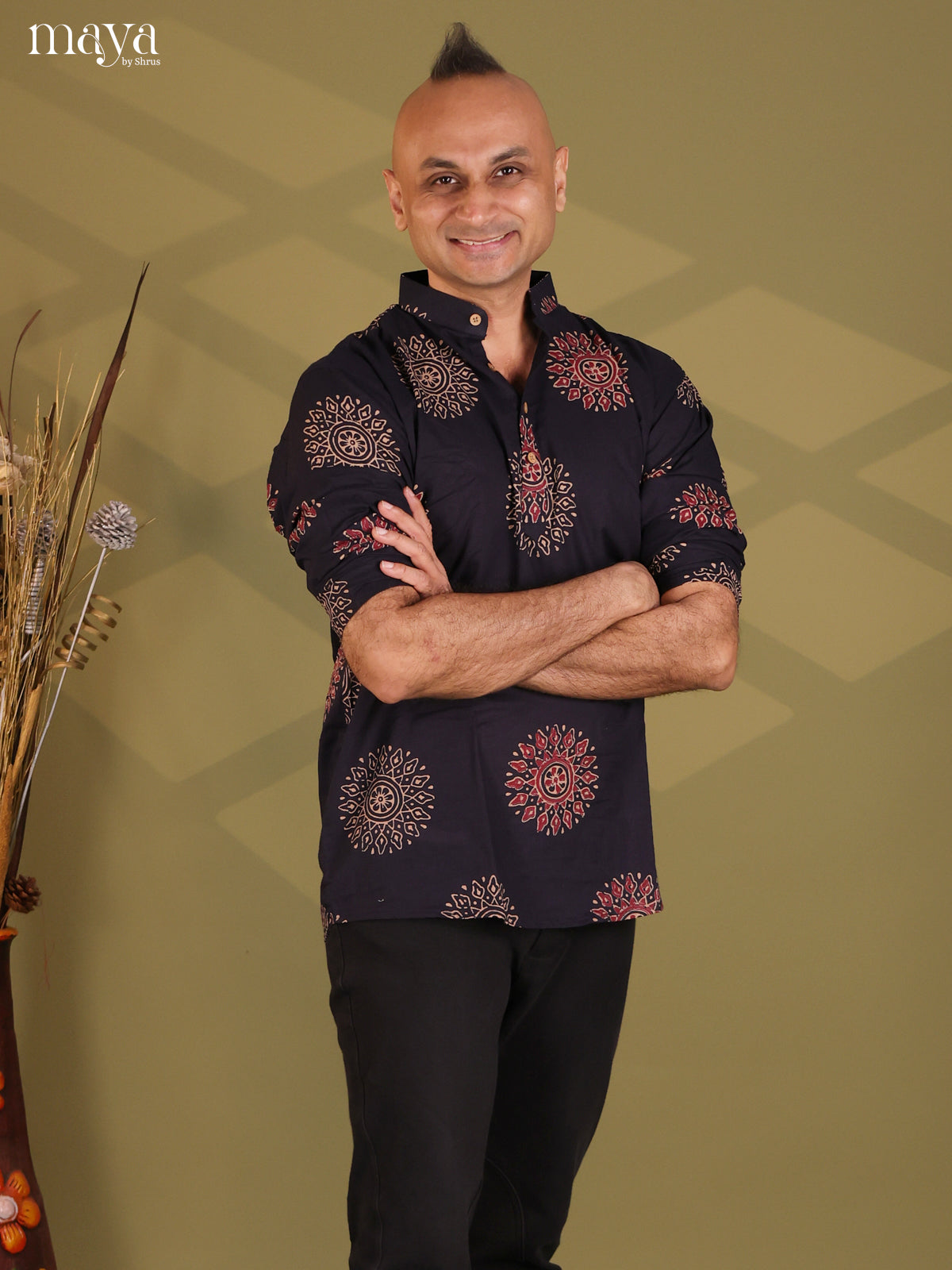 Navy Blue Cotton Ajrakh Printed Short Men Kurta