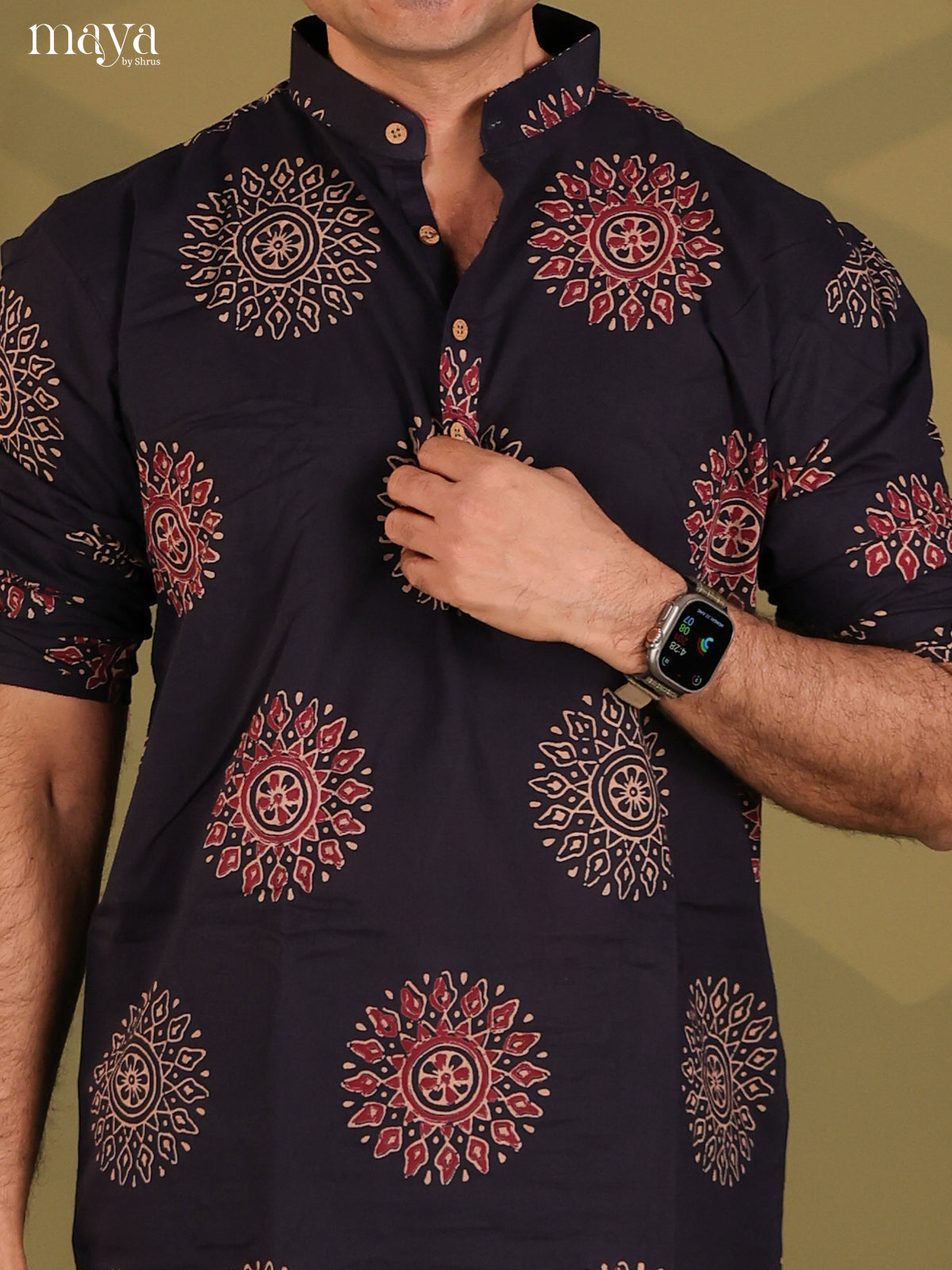 Navy Blue Cotton Ajrakh Printed Short Men Kurta