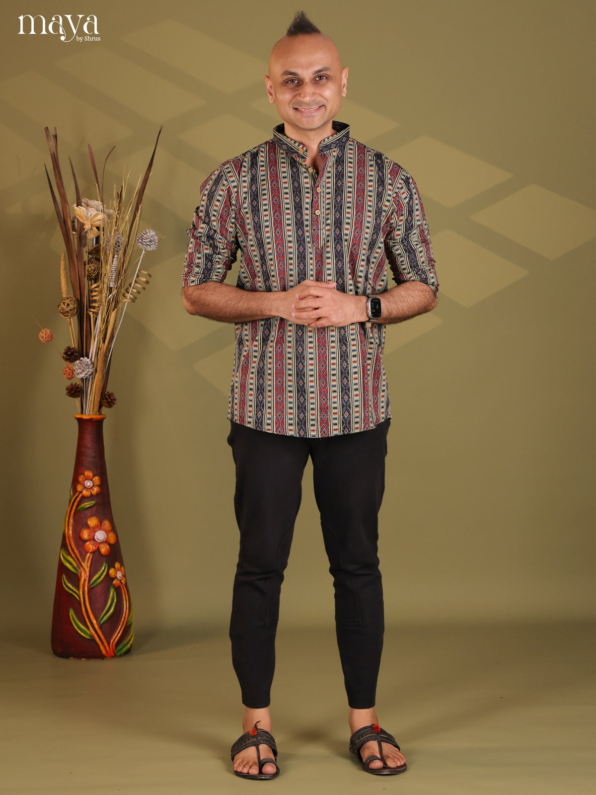 Multicolour Cotton Ajrakh Print Short Men Kurta