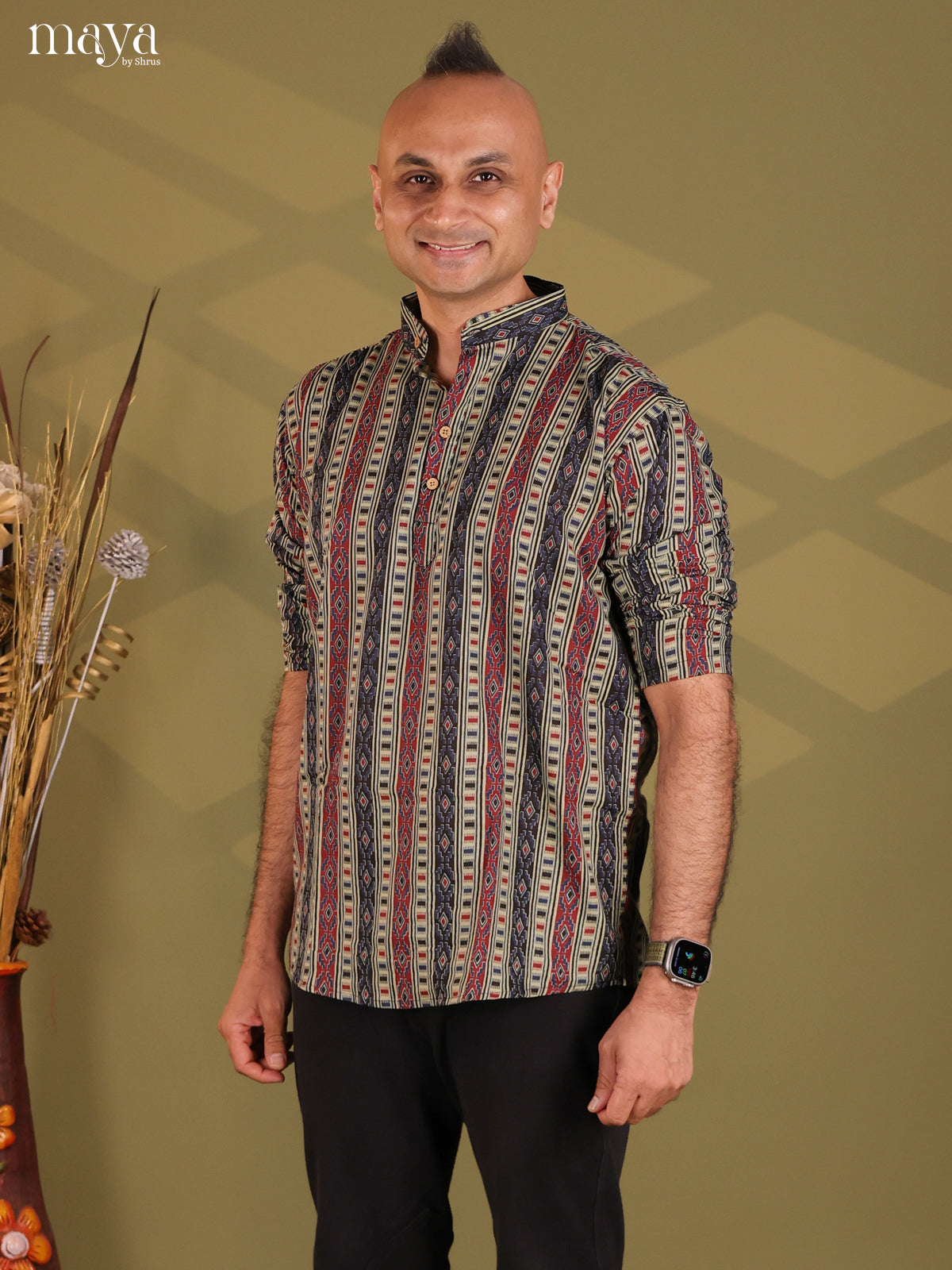 Multicolour Cotton Ajrakh Print Short Men Kurta