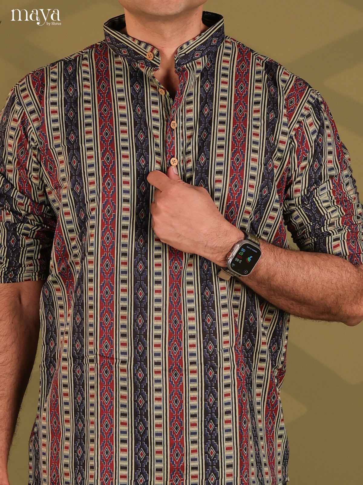 Multicolour Cotton Ajrakh Print Short Men Kurta