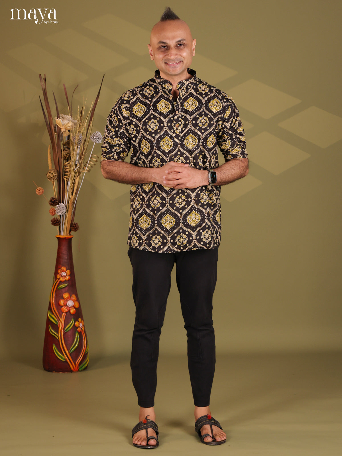 Black Cotton Floral Print Short Men Kurta