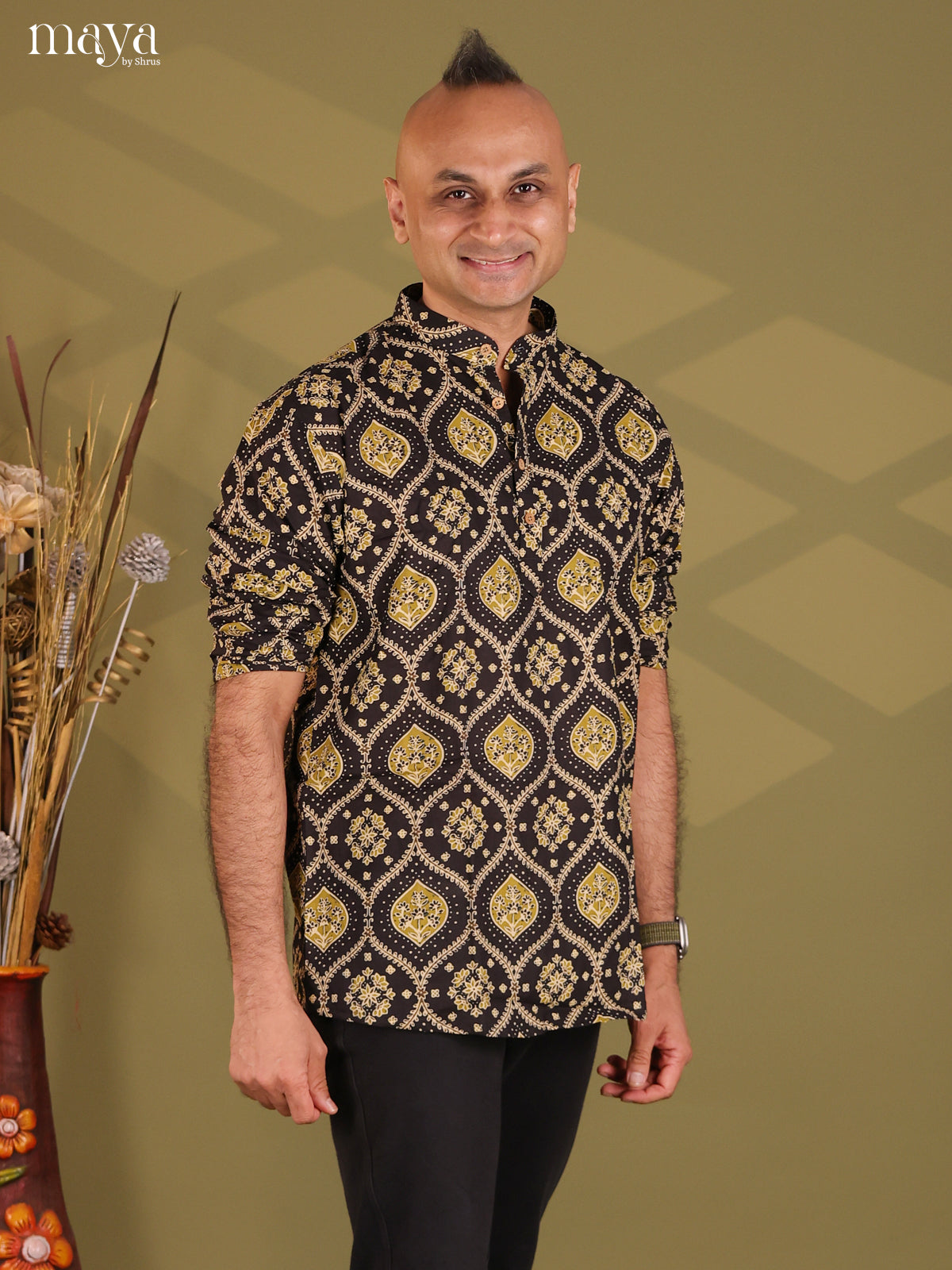 Black Cotton Floral Print Short Men Kurta