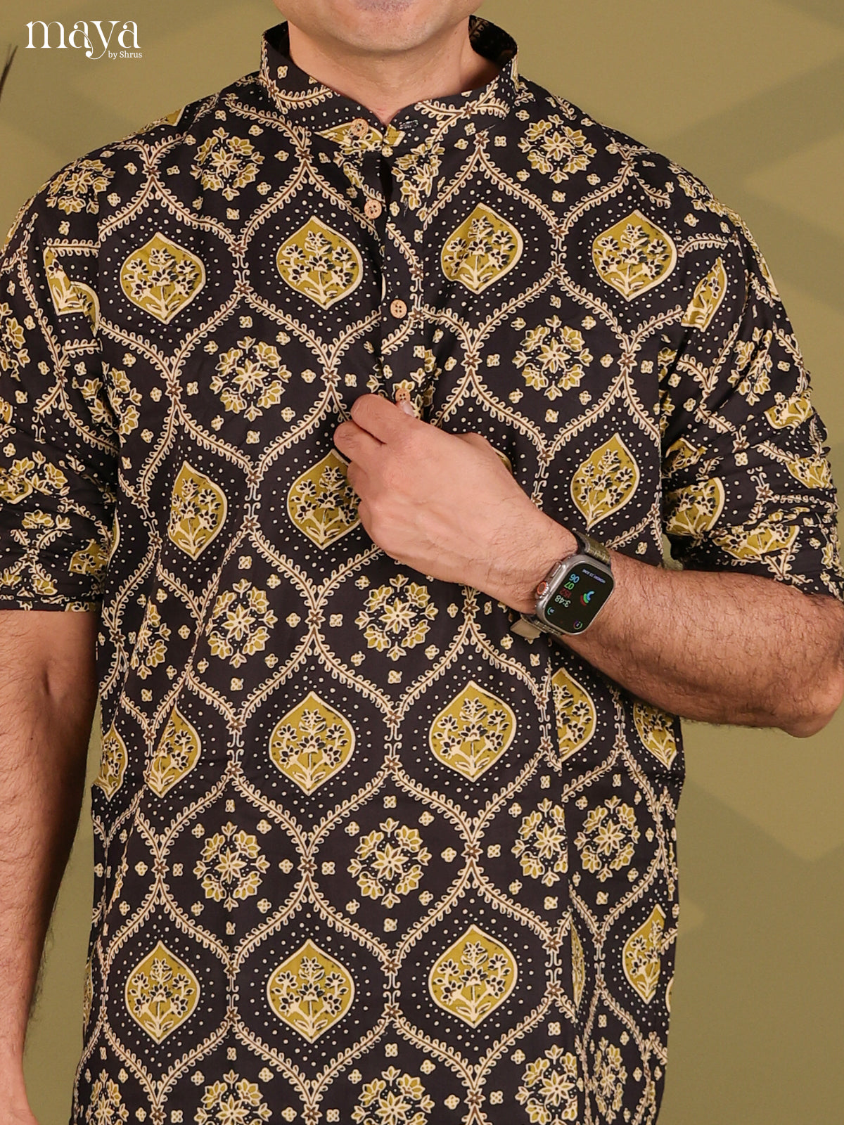 Black Cotton Floral Print Short Men Kurta