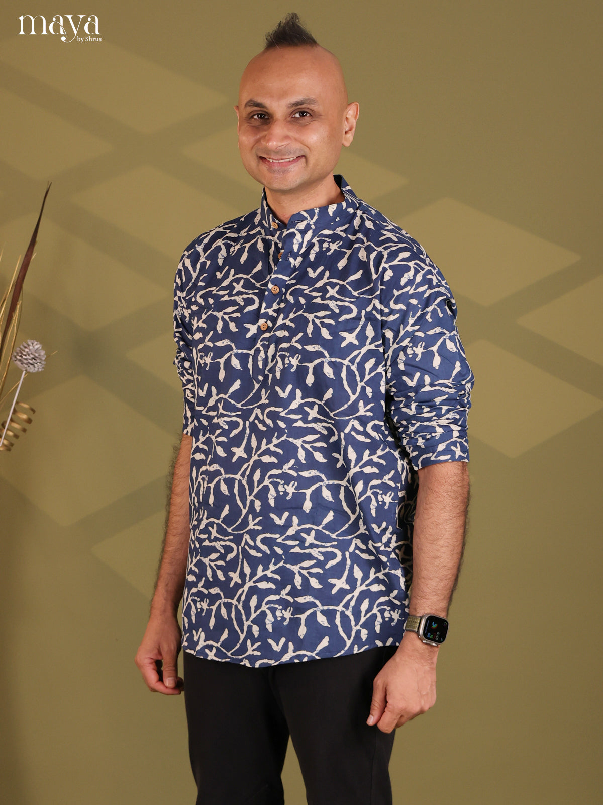 Navy Blue Cotton Floral Print Short Men Kurta