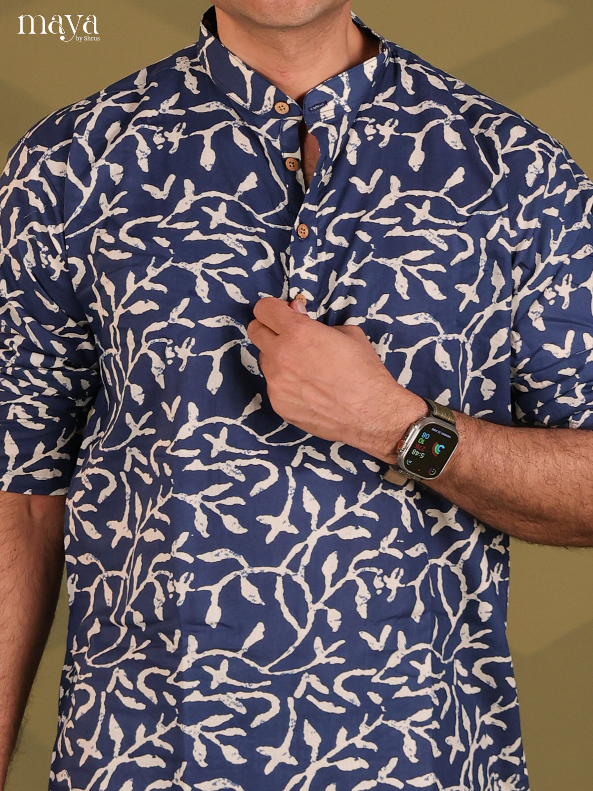 Navy Blue Cotton Floral Print Short Men Kurta