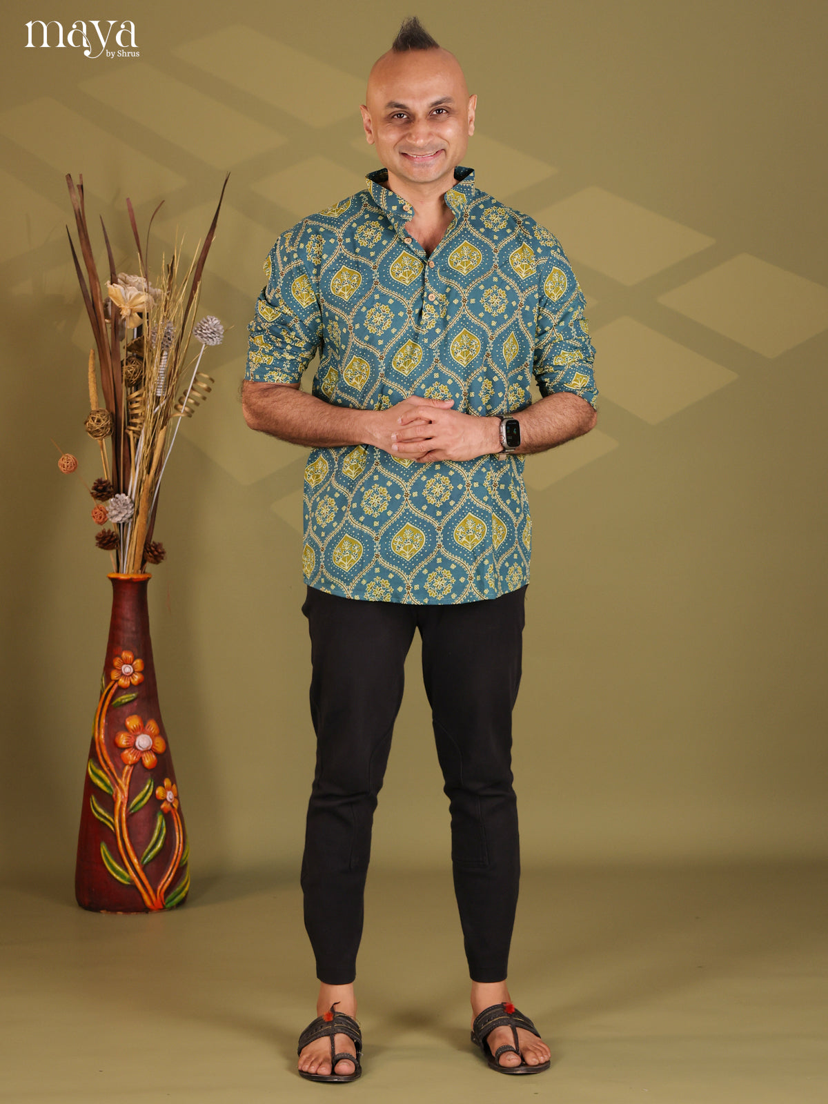 Peacock Blue Cotton Floral Print Short Men Kurta