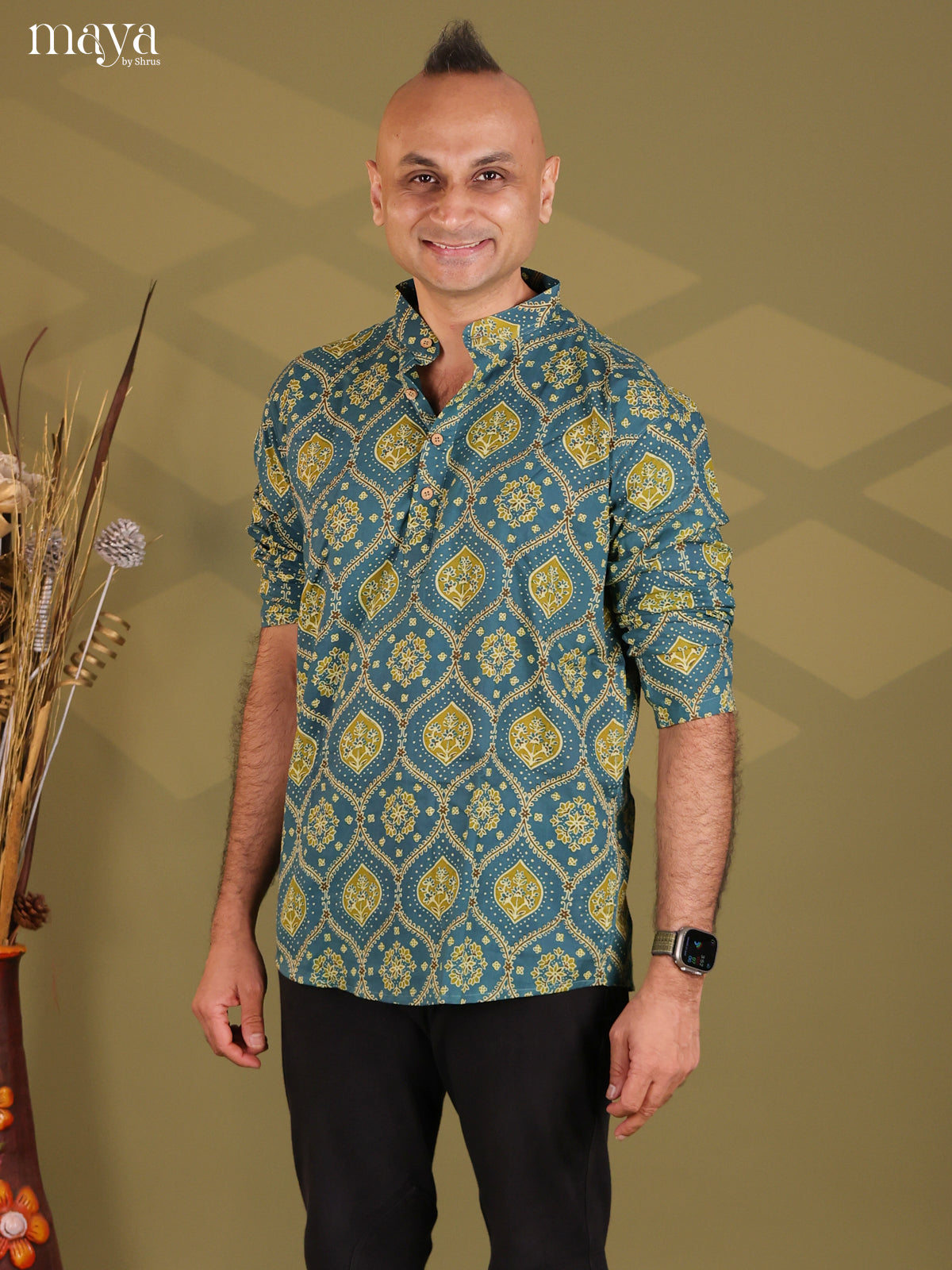 Peacock Blue Cotton Floral Print Short Men Kurta